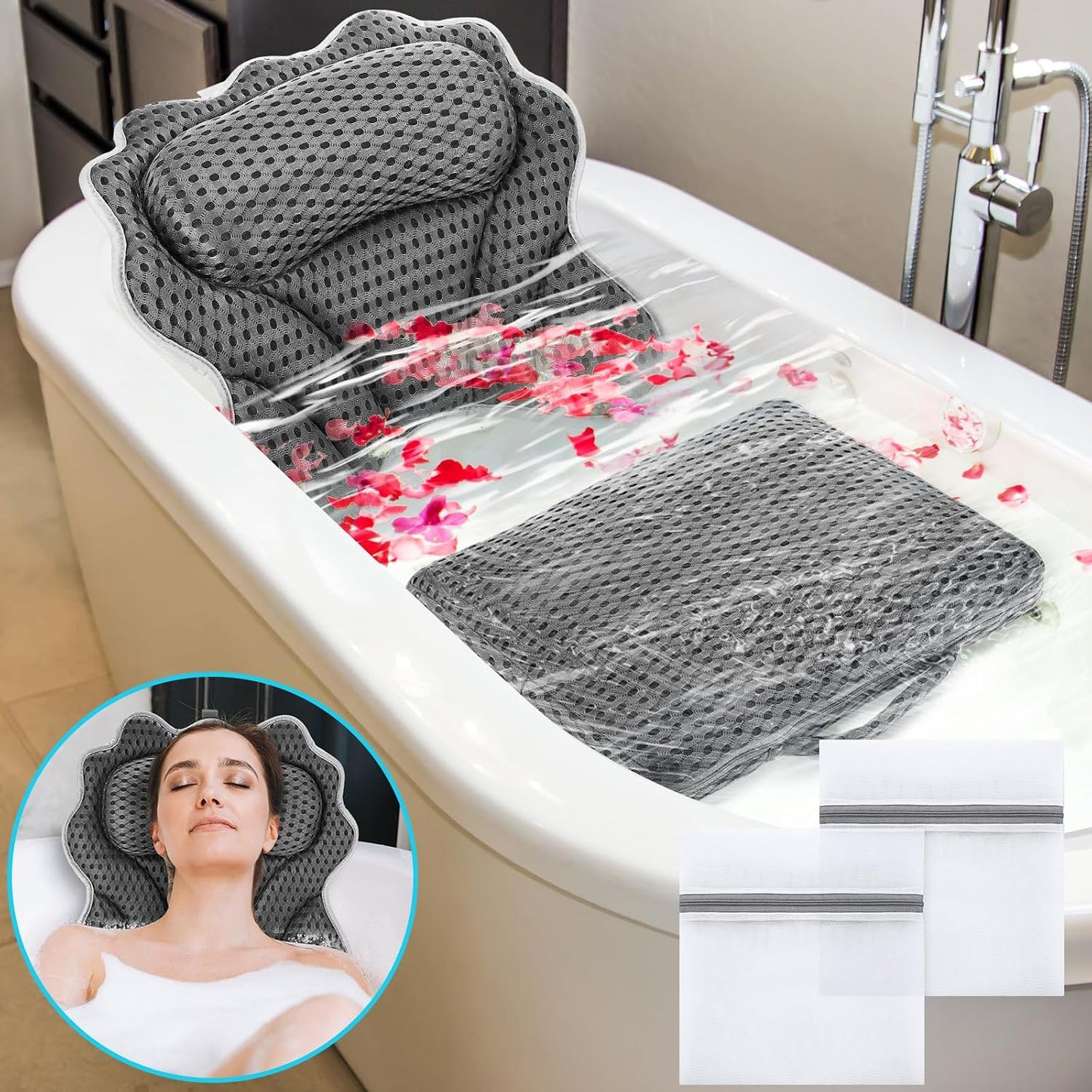 Novabright Bath Pillow and Mat Set for Head and Neck Nonslip Bathtub Pillow 4d Thick Tub Seat Mat with 6 Suction Cups Portable Seat Cushion Tub Accessories for Indoor Outdoor
