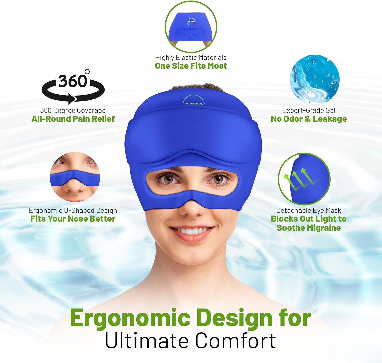 Headache Relief Cap - 2 in 1 Soothing Migraine Relief Cap with Detachable Eye Mask 20% Extra Gel - Headache Hat for Migraines - Cold Ice Head Wrap Products for Stress, Tension, Hangover & Puffy Eyes