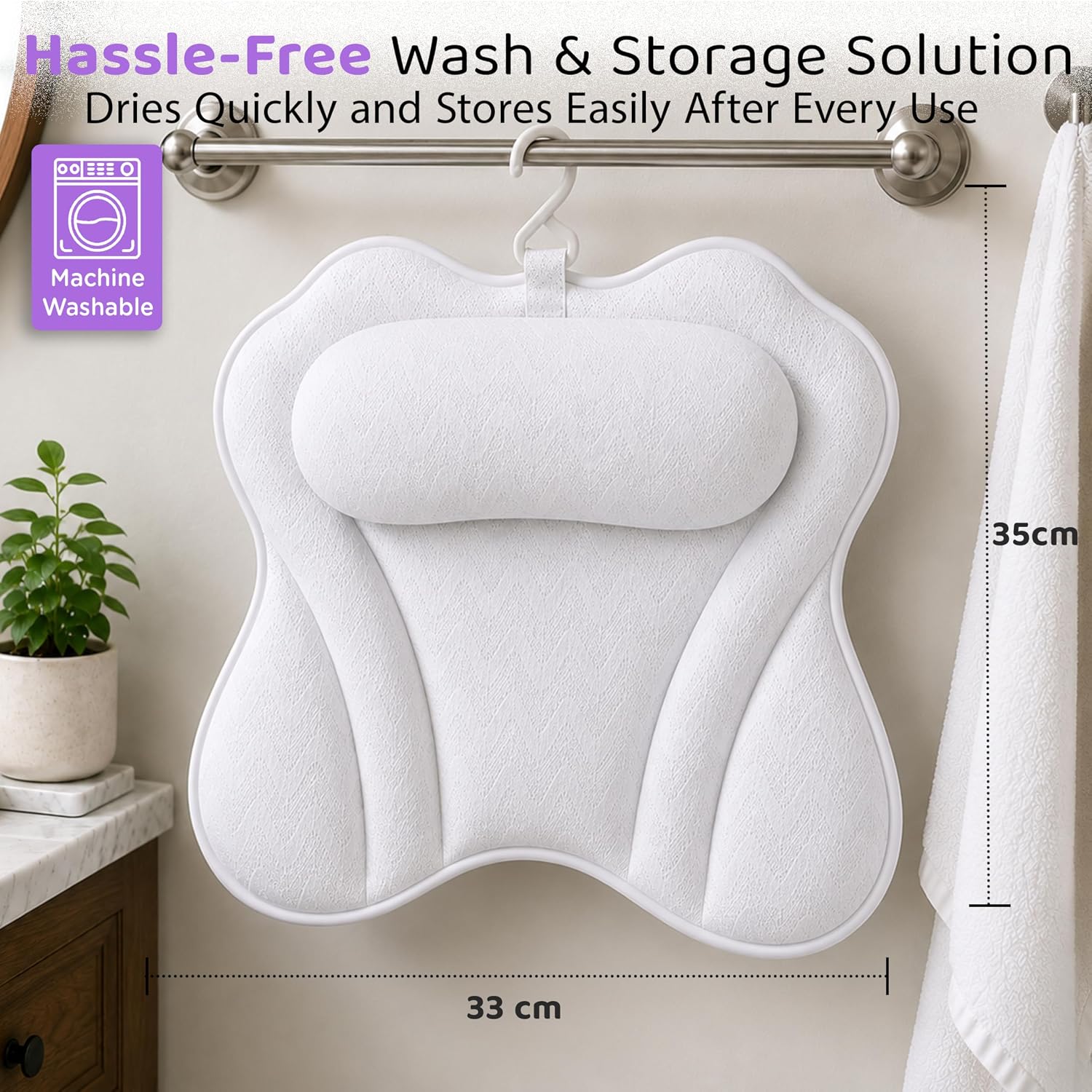 MONK & LLAMA Bath Pillow for Tub Soft Bathtub Pillow for Head and Neck Support Non-Slip Tub Pillow with Quick-Dry Mesh Comfortable Bath Accessory for Women & Men - Wavy, White