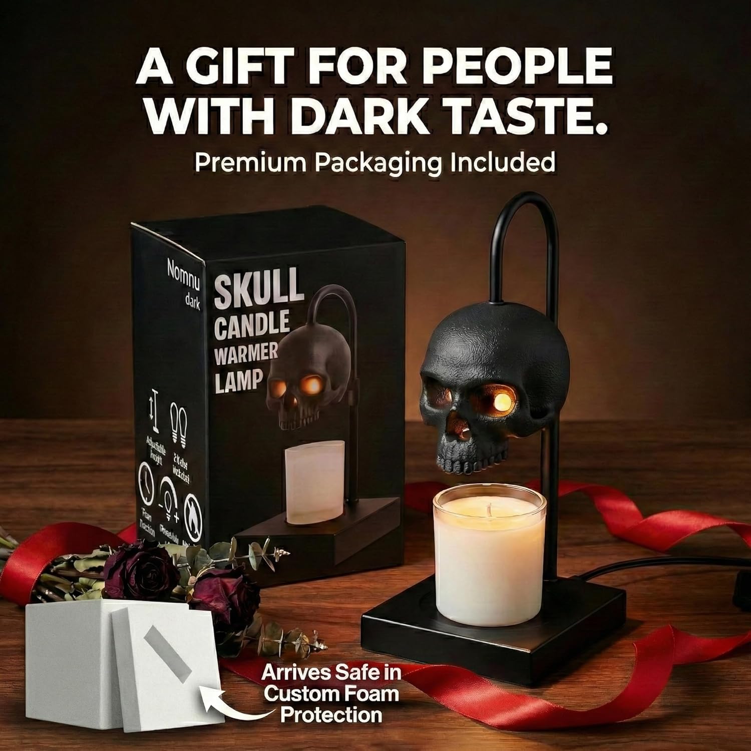 Skull Candle Warmer Lamp with Timer and Dimmer *Candles NOT Included – Black Gothic Candle Lamp Warmer w/ Adjustable Height, 2 Light Bulbs – Skull Decor, Goth Gothic Decor Spooky Home & Witchy Gifts
