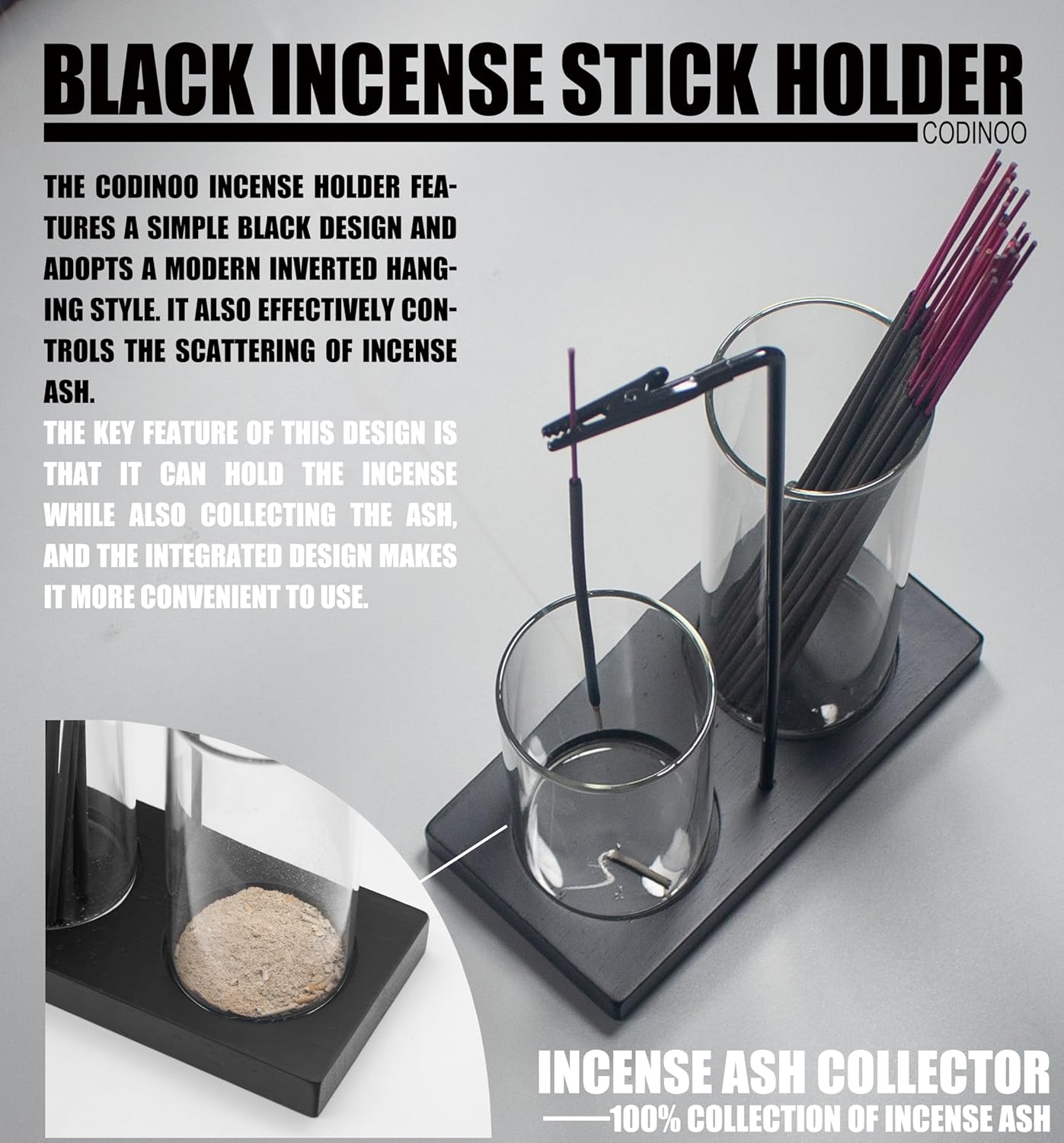2 in 1 Incense Holder for Sticks Incense Burner Holder with Storage,Glass Upside Down Incense Holder for Sticks with Glass Ash Catcher for Meditation Yoga Spa Room Home Decor[Black]