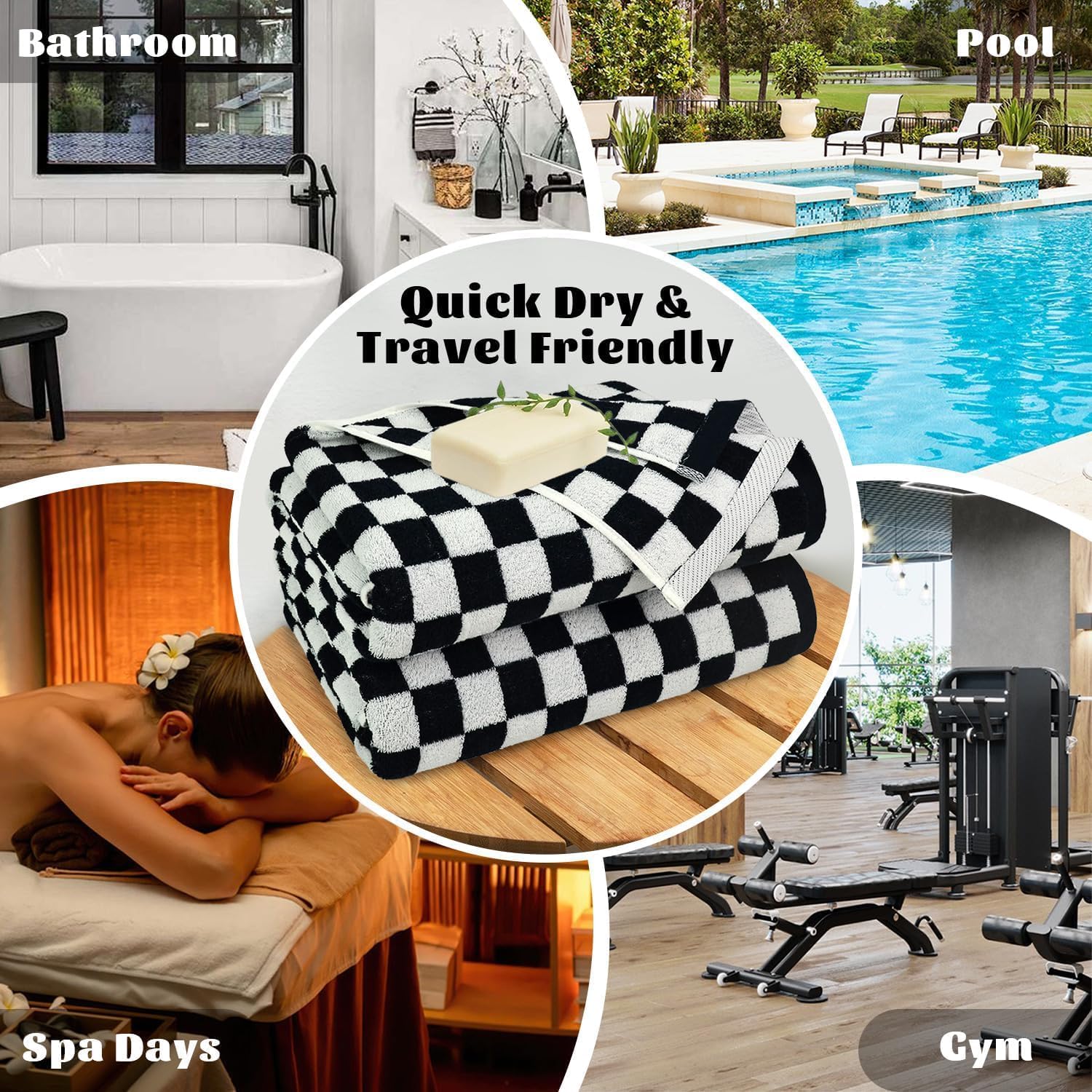Jacquotha Black and White Checkered Cotton Bath Towels Set of 2 - Cute Aesthetic Towels for Bathroom Decor, Pool, Beach, Spa, 27.5" x 55"