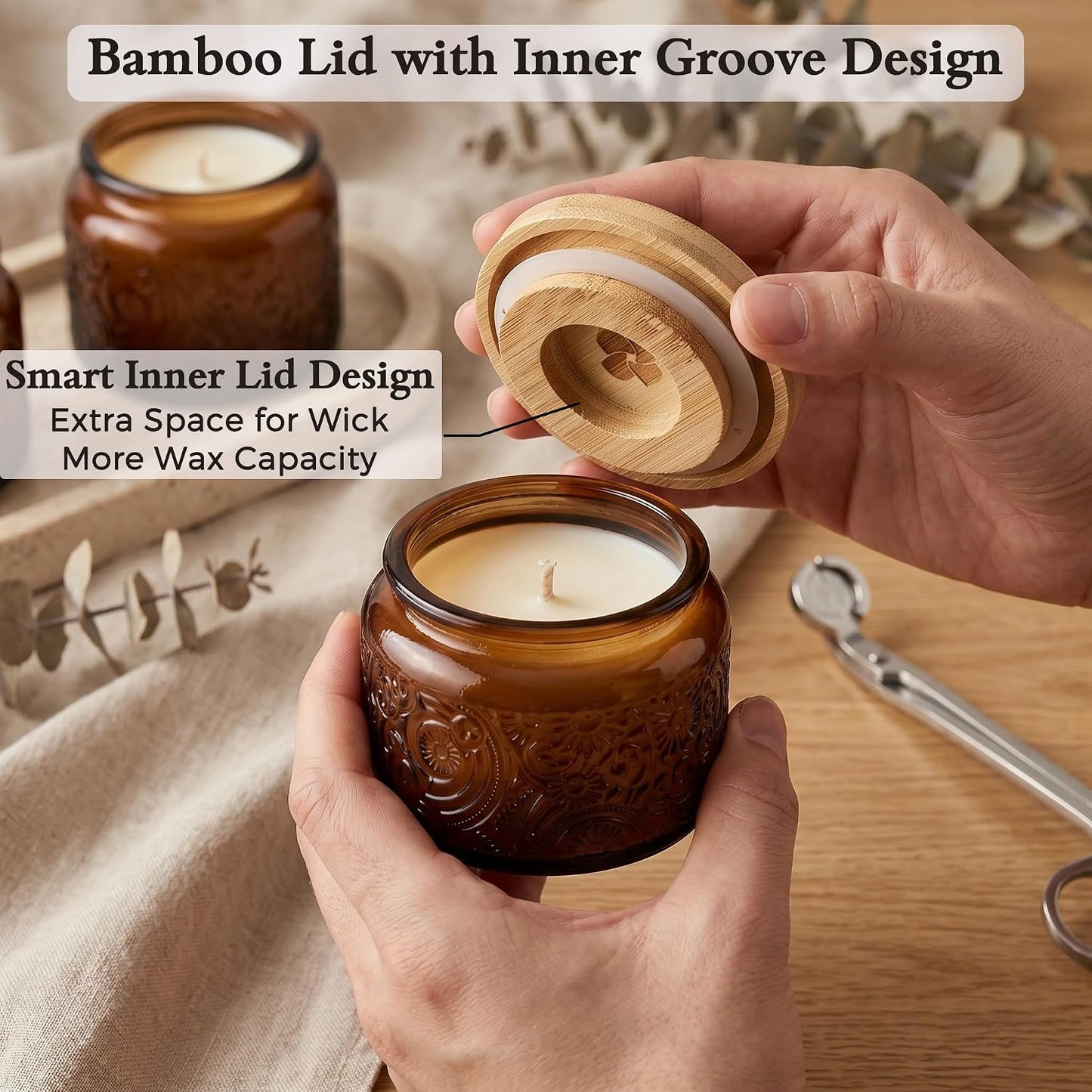 4 oz Mocha Sun Moon Stars Candle Jars with Bamboo Lids, 18 Pack | Patented Embossed Design, Includes Wick Centering Devices & Warning Labels, Multiple Color Options