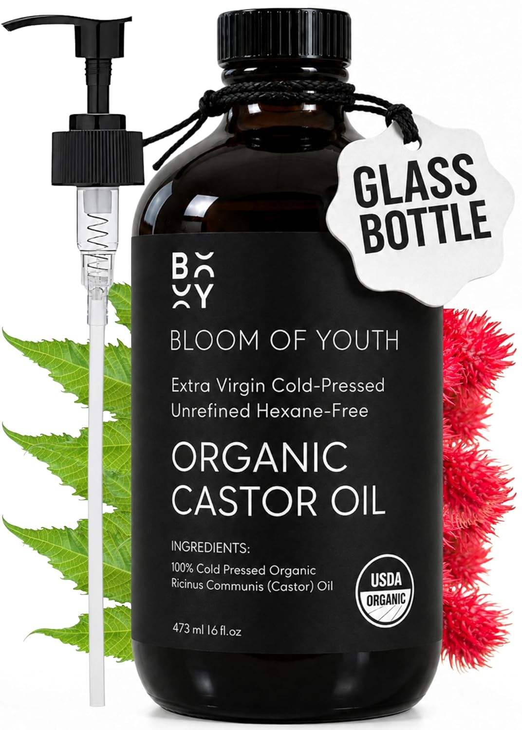 100% Pure Cold Pressed Organic Castor Oil, Glass Bottle 16oz | Hexane Free, Unrefined, USDA Certified | For Hair, Skincare, Castor Oil Pack, Face, Joints, Carrier Oil, Eyelashes, Eyebrows