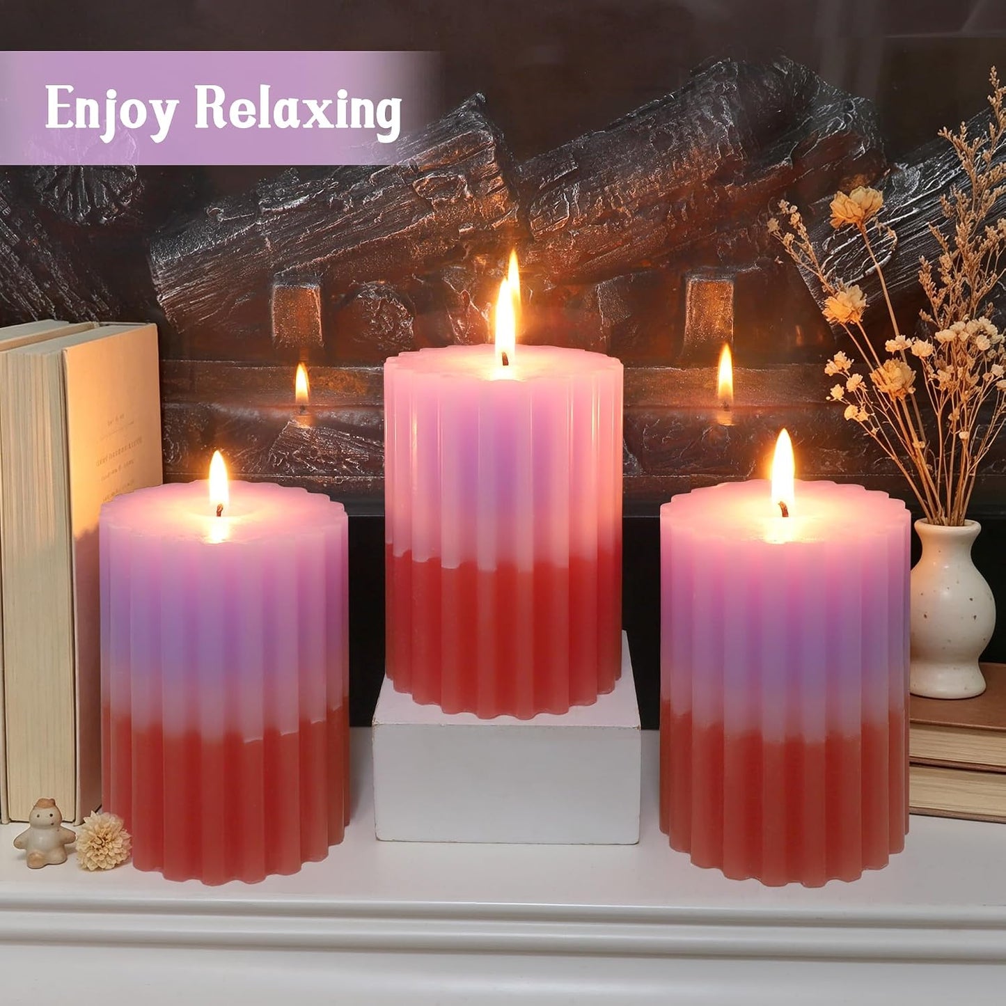 Ribbed Pillar Candles Purple Coral Gradient Vanilla Scented 3x4 Inch Candle Handmade Striped Aesthetic Retro Textured Pillar Candle for Boho Home Decor, Coffee Table, Weddings Party, 3-Pack