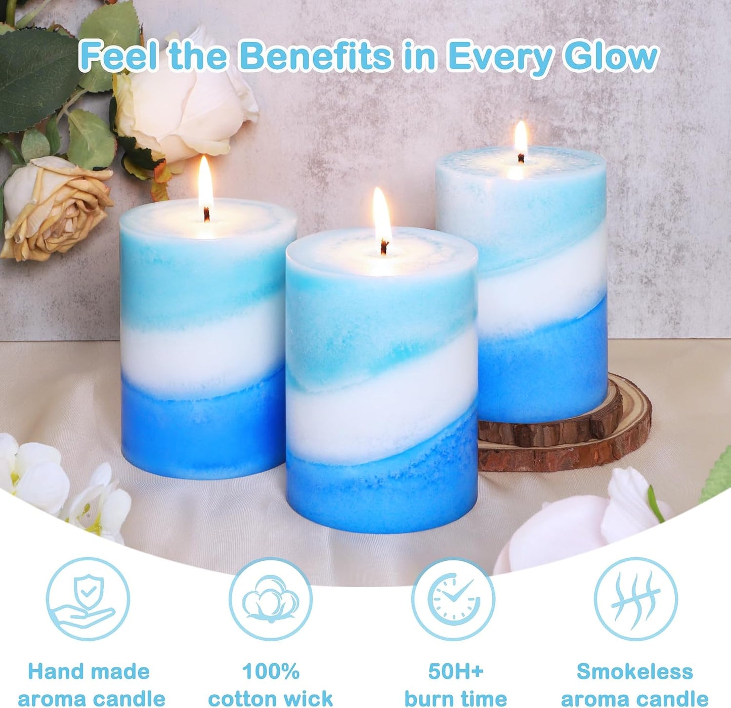 Ocean Scented Pillar Candles, 3x4 Inch, Handmade Striped Paraffin Wax Candles with 100% Cotton Core, 1PC Scented Candle 50+ Hour Burn Time, Set of 3