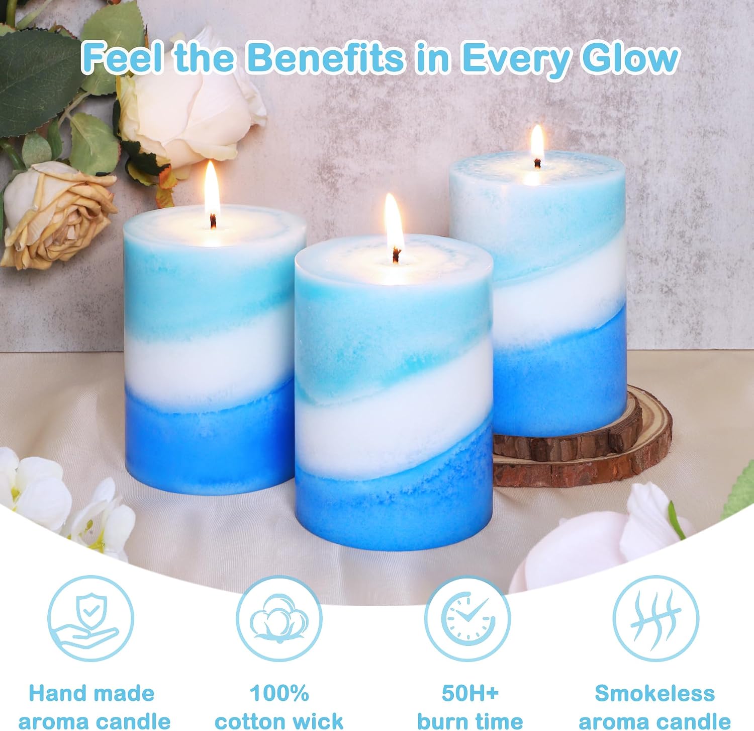 Ocean Scented Pillar Candles, 3x4 Inch, Handmade Striped Paraffin Wax Candles with 100% Cotton Core, 1PC Scented Candle 50+ Hour Burn Time, Set of 3