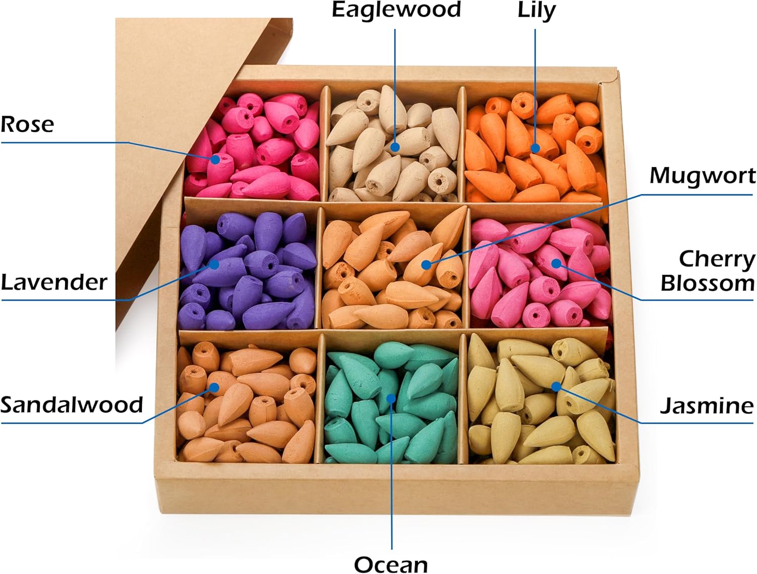 Kingrol 468 Pieces Backflow Incense Cones, Natural Fragrant Cones for Purification, Relaxation, Positivity, Yoga, Meditation - Sandalwood Rose Lavender Jasmine Ocean Cherry Mugwort Eaglewood Lily