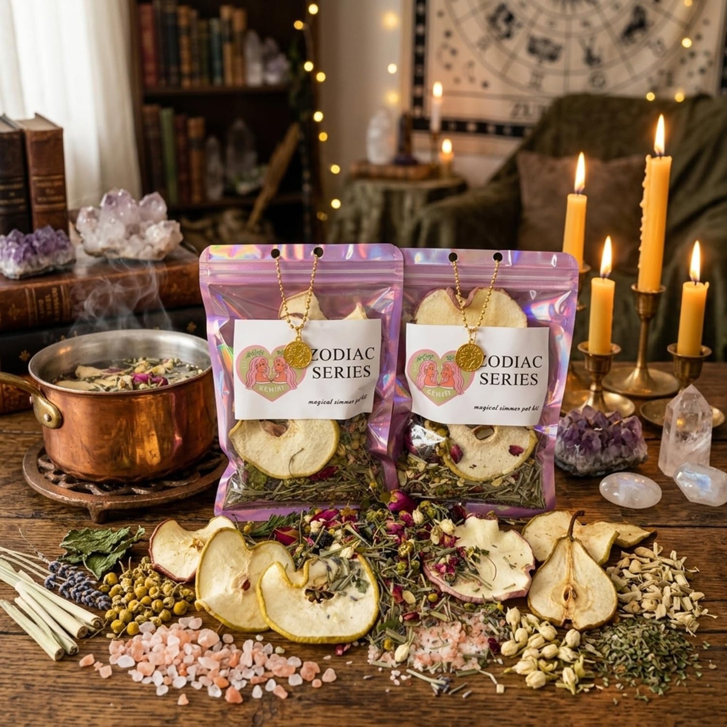 Gemini Zodiac Simmer Pot Kit - Magical Stovetop Potpourri with Dried Apple & Pear Slices, Rose Petals, Lavender & Chamomile - Himalayan Pink Salt & Lemongrass - Astrology Gift for Her