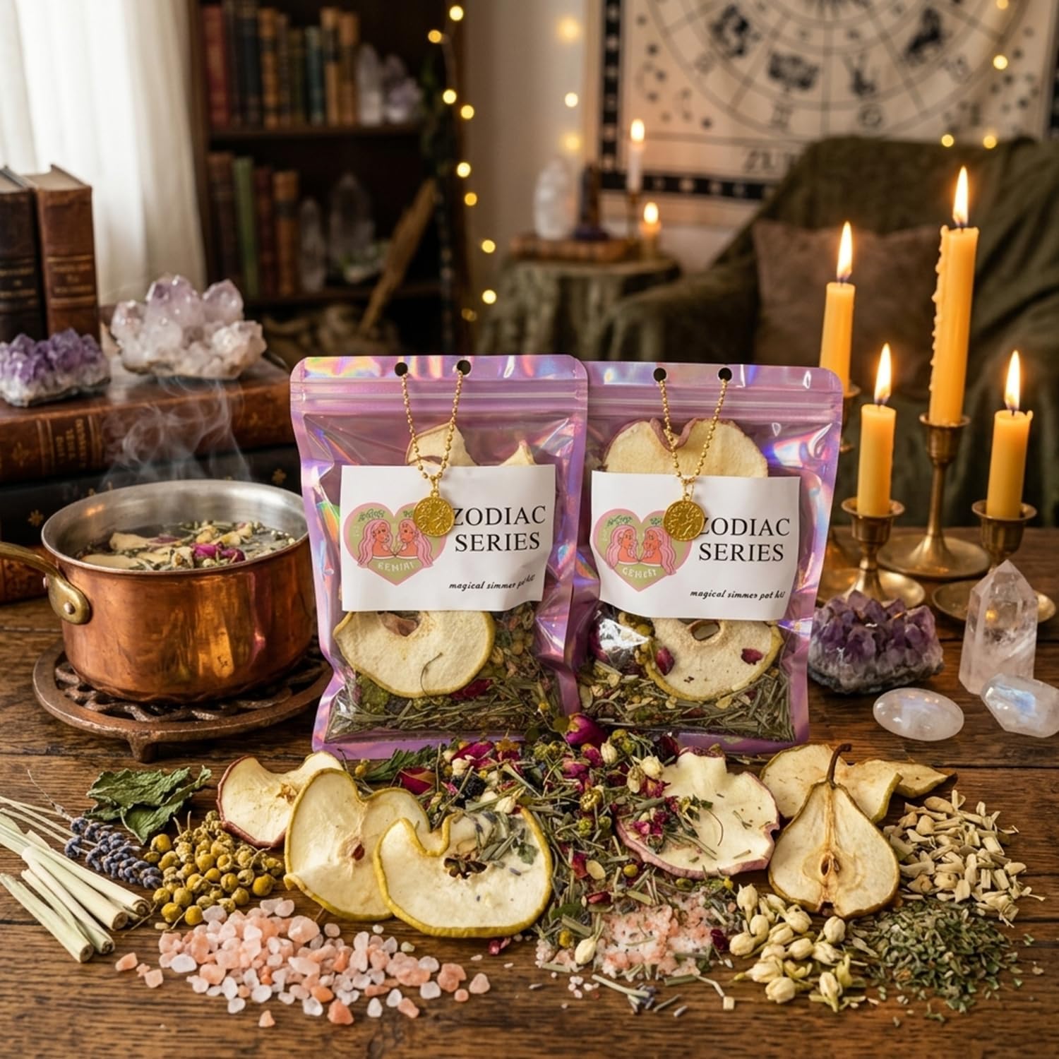 Gemini Zodiac Simmer Pot Kit - Magical Stovetop Potpourri with Dried Apple & Pear Slices, Rose Petals, Lavender & Chamomile - Himalayan Pink Salt & Lemongrass - Astrology Gift for Her