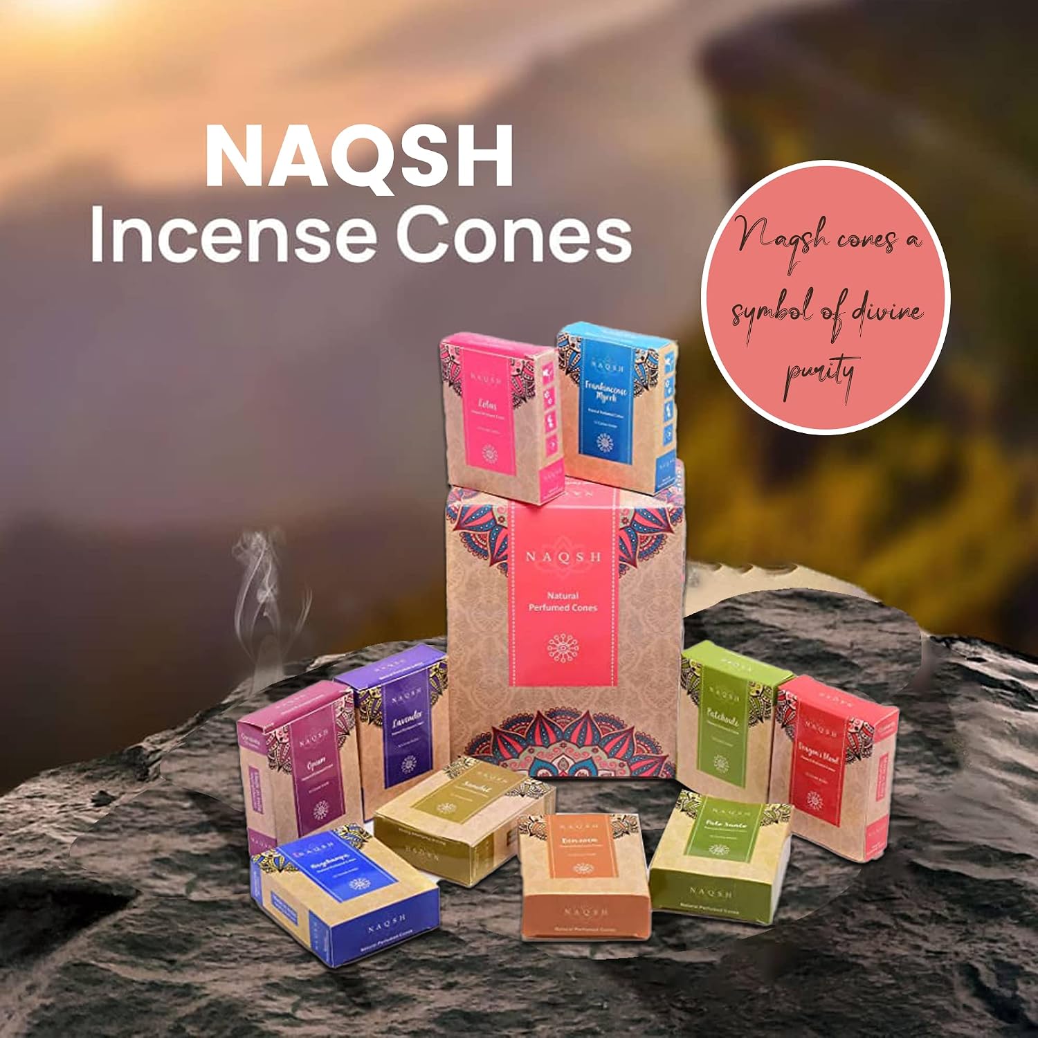 NAQSH Hand Rolled Incense Cones Scented Long Lasting Aroma for Positivity & Pure Air Meditation, Yoga, Aromatherapy, Relaxing & Refreshing (12, Natural Perfumed Cones)