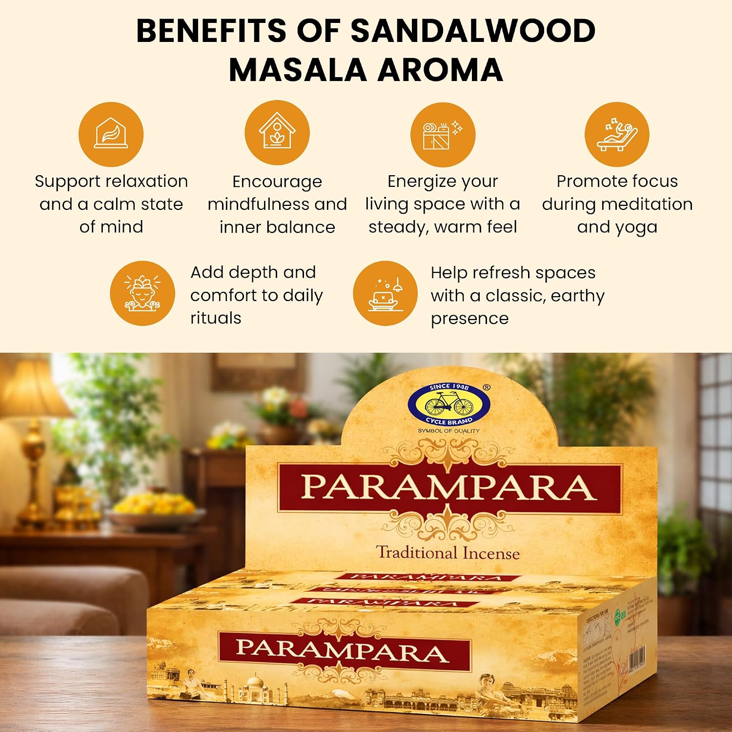 Cycle Parampara Premium Incense Sticks – Sandalwood Masala Incense with Earthy Warmth for Relaxation, Rituals & Mindfulness – 12 Sticks/Pack, 12 Packs/Box (8 Inch, 144 Sticks) | 30 Minutes Burn Time