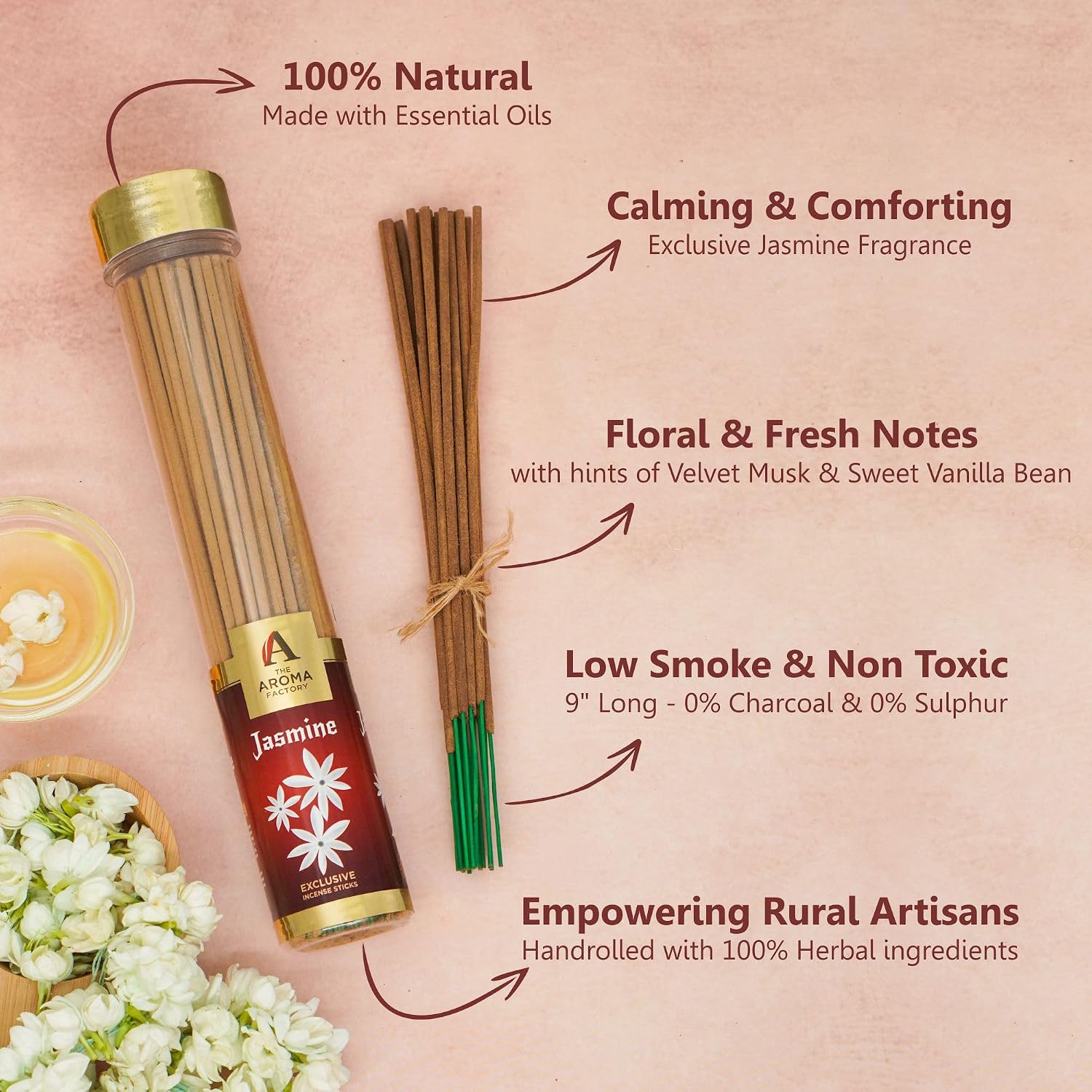 The Aroma Factory Jasmine Charcoal Free Incense Stick, Scented Agarbatti, 100% Herbal Premium Aromatherapy, Meditation Prayer Relaxation, Crafted for Luxury Seekers (100g)