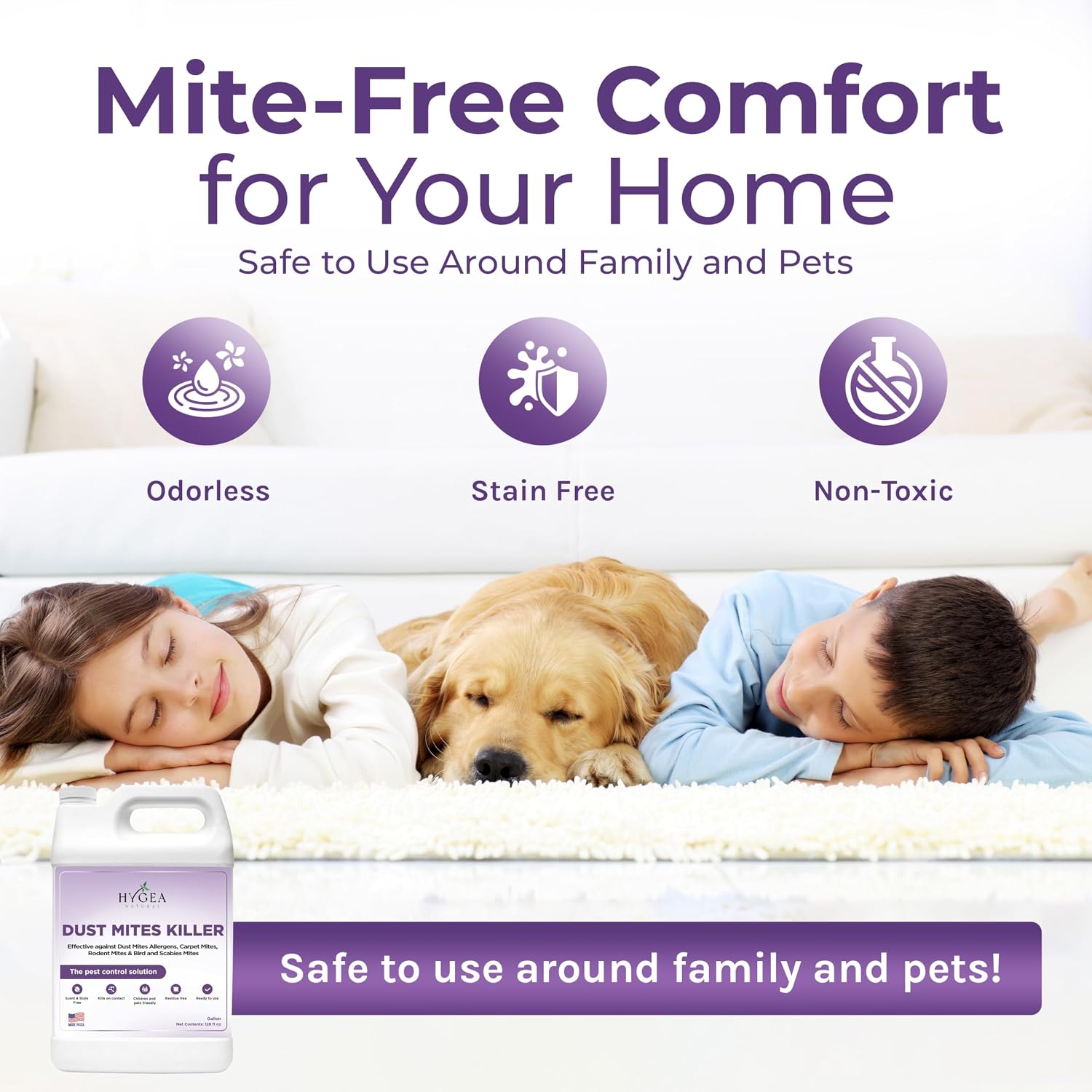 Hygea Natural Dust Mite Killer Spray - Eliminates Dust, Carpet, Rodent, Bird, Mites - Safe for Home, Children, Pets, Bedding & Furniture, 128 oz, Unscented