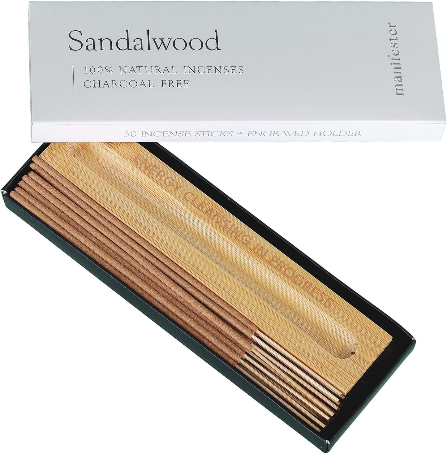 Sandalwood Incense Sticks 100% Natural, Clean, Non Toxic, Charcoal Free - Energy Cleansing, Protection, New Home Spiritual Smudging Incenses - 30 Sticks & Bamboo Holder (Sandalwood)