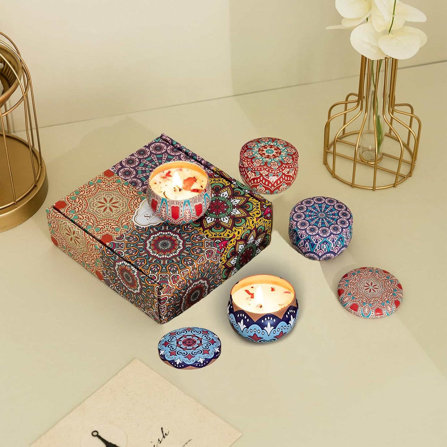 Scented Candles Gift Set, 2.5 oz Aromatherapy Candles for Home, Portable Candles, Soy Wax Tin Jar Candles for Yoga, Bath Long Lasting Time Candles Gift for Women Lavender/Rose/Vanilla/Wolfberry Orange