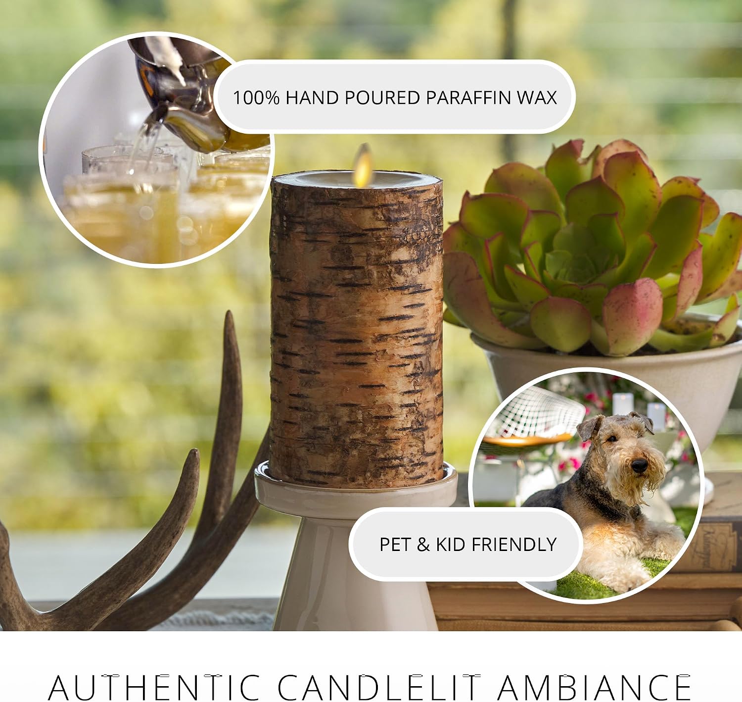 Luminara Real Birch Bark Wrapped Flameless LED Candle, 3.5" x 6.5", Battery Operated Moving Flame Pillar Light with Timer - Natural Decor Unscented