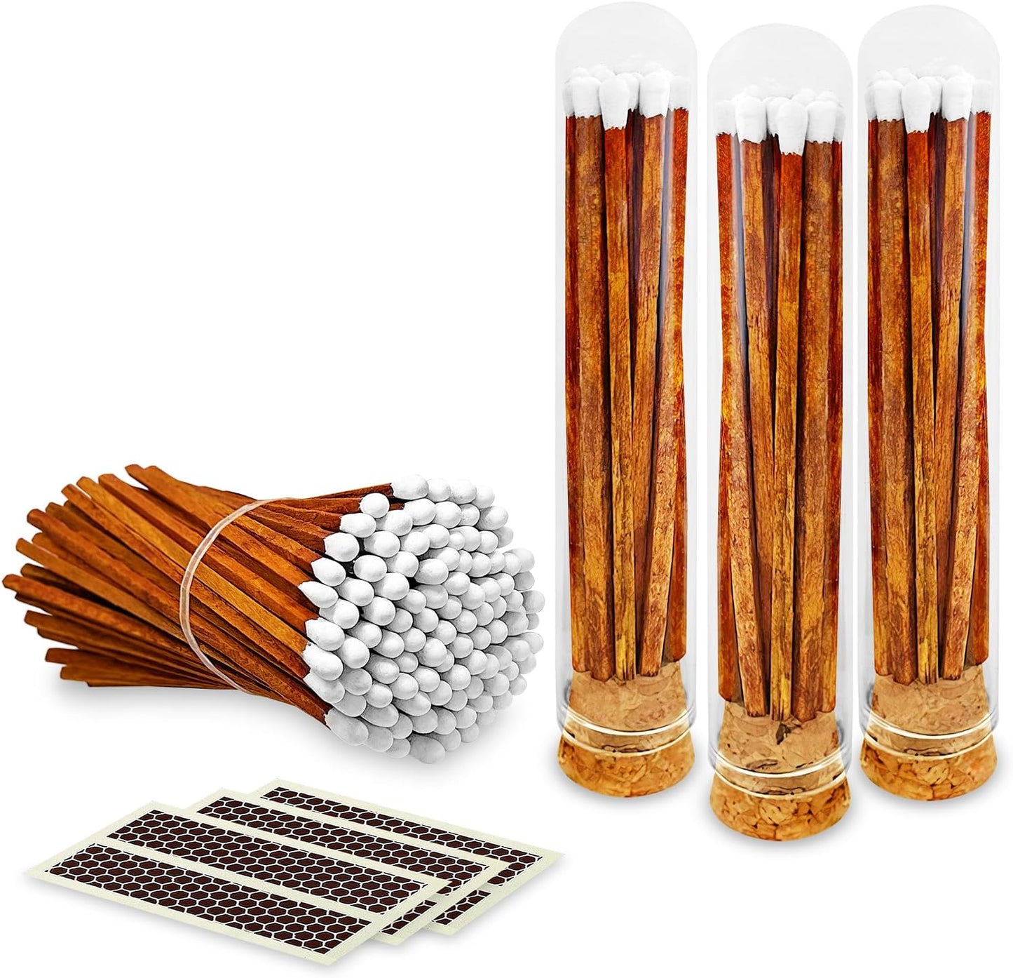 Decorative Matches in Mini Match Cloche Glass Jar Set | 4" Carrot Cake Long Matches (100 Match Sticks) + 3 Cork Top Dome Glass Holders + Striker Stickers | by Thankful Greetings, USA
