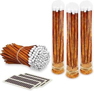 Decorative Matches in Mini Match Cloche Glass Jar Set | 4" Carrot Cake Long Matches (100 Match Sticks) + 3 Cork Top Dome Glass Holders + Striker Stickers | by Thankful Greetings, USA