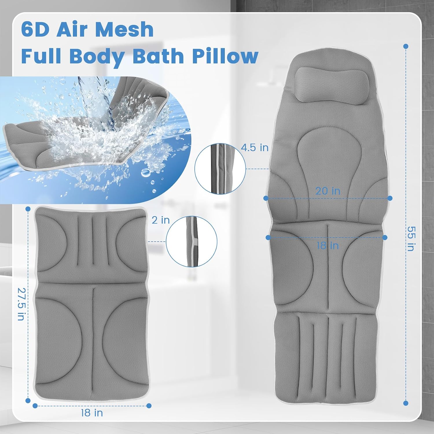 Upgraded Full Body Bathtub Pillow – 6D Air Mesh Bathtub Cushion with 168 Suction Cups for Neck, Back & Shoulder Support – Thick Quick-Dry Mesh Foam for Home Bathtub