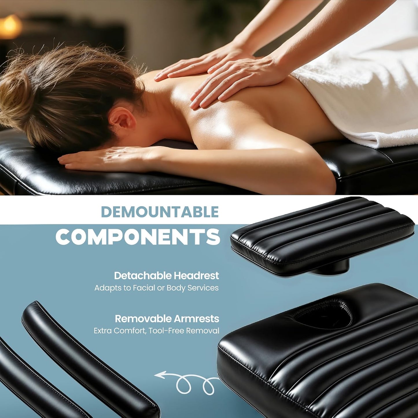 Electric Massage Table with LED Light, Adjustable Facial Bed with Foot Control for Spa, Tattoo, Waxing, and Eyelash Extension, Removable Headrest and Armrest, 90° Back & Leg Adjustment (Black)