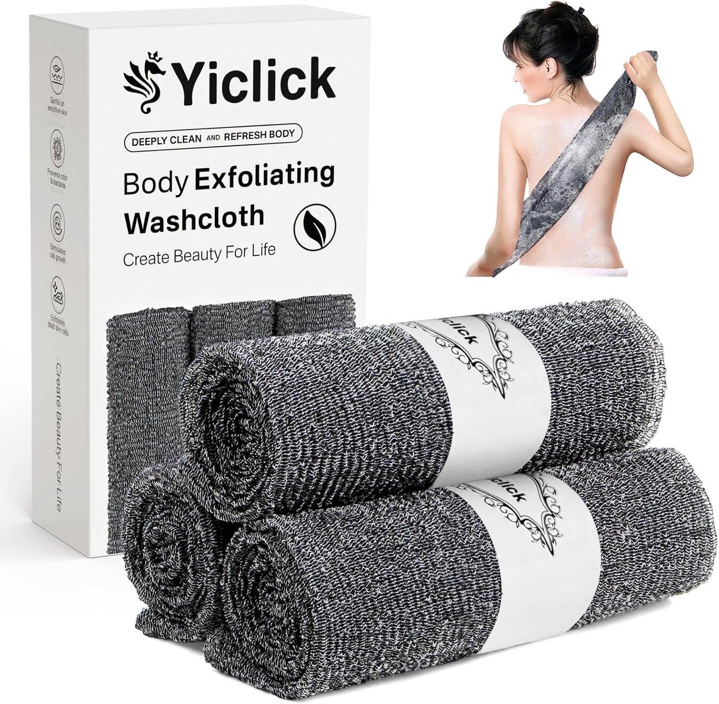 Yiclick 3 PCS Exfoliating Washcloth Towels - Exfoliating Body Scrubber Exfoliator, Back Scrubber for Shower Bath Use, Japanese & Korean Scrub Wash Cloths, Loofah Lufa Sponge Washer for Women Men