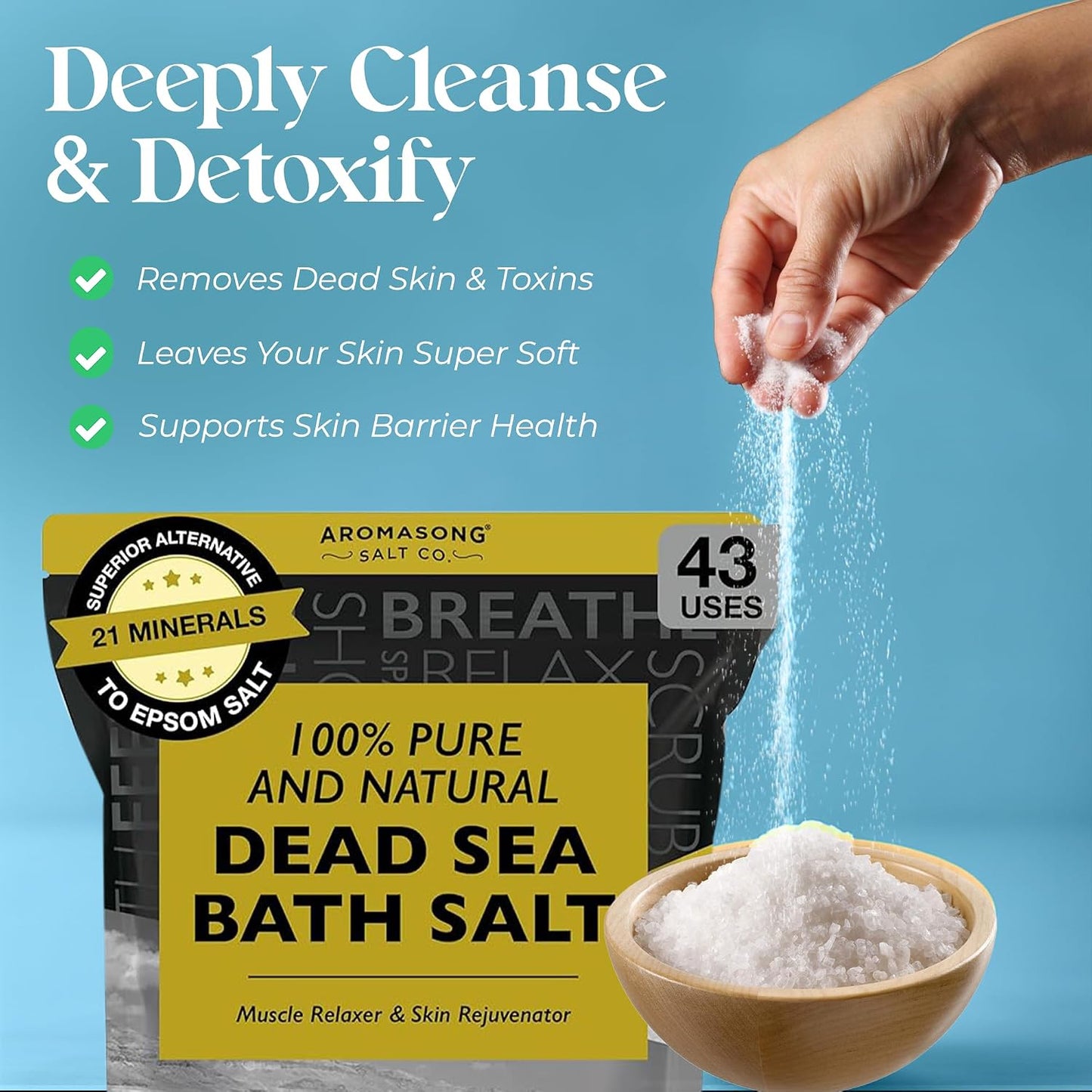 Aromasong Dead Sea Bath Salt - 100% Pure & Natural Dead Sea Salts for Soaking Coarse Grain 19 LB - Bulk Resealable Pack (Packaging May Vary) Used for Body wash Scrub - Soak for Women & Men.