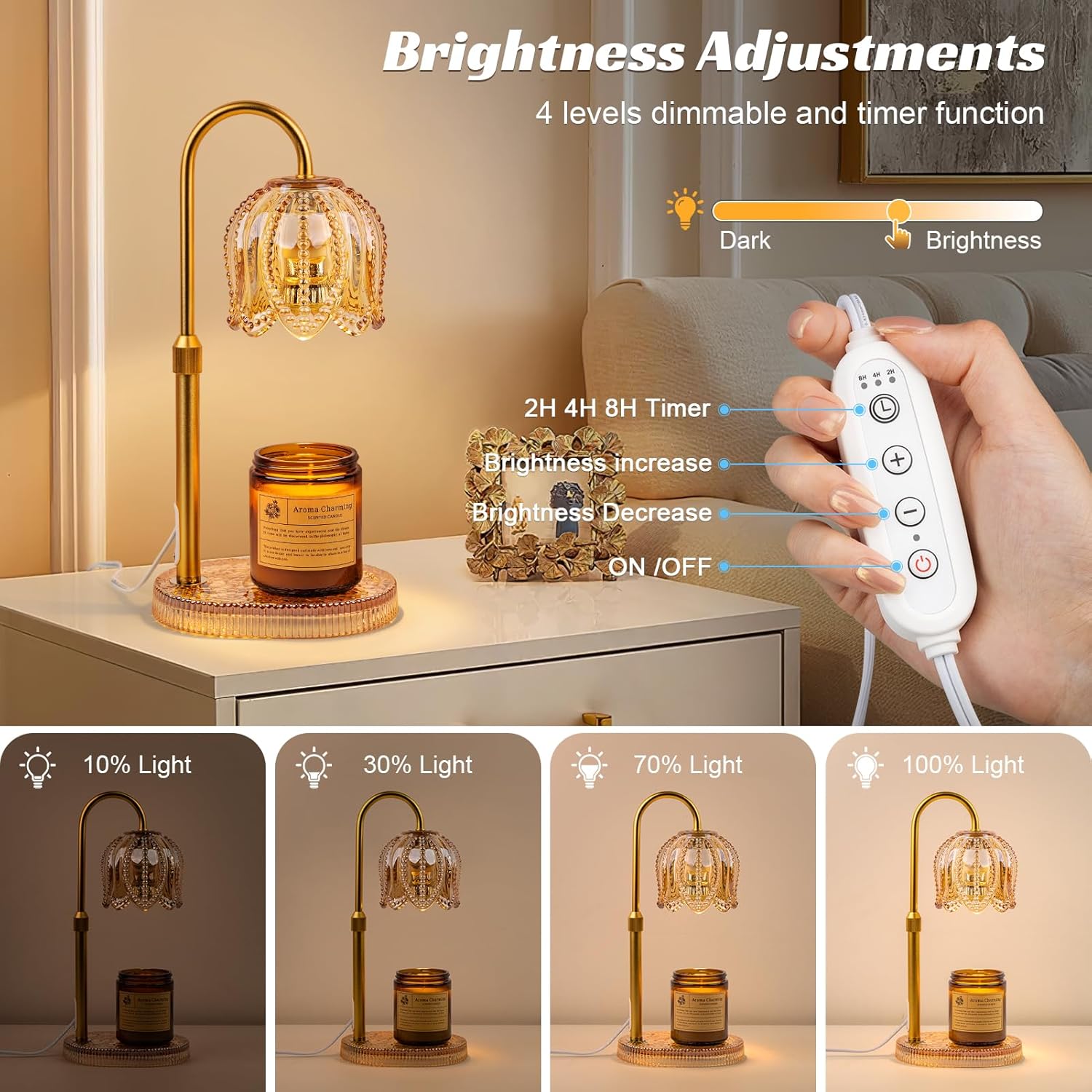 Petal Candle Warmer Lamp with Timer & Dimmable Light Champagne Gold - Adjustable Height Jar Melter on Crystal Glass Base, Home Decor Gift Set (Includes 2 Bulbs)