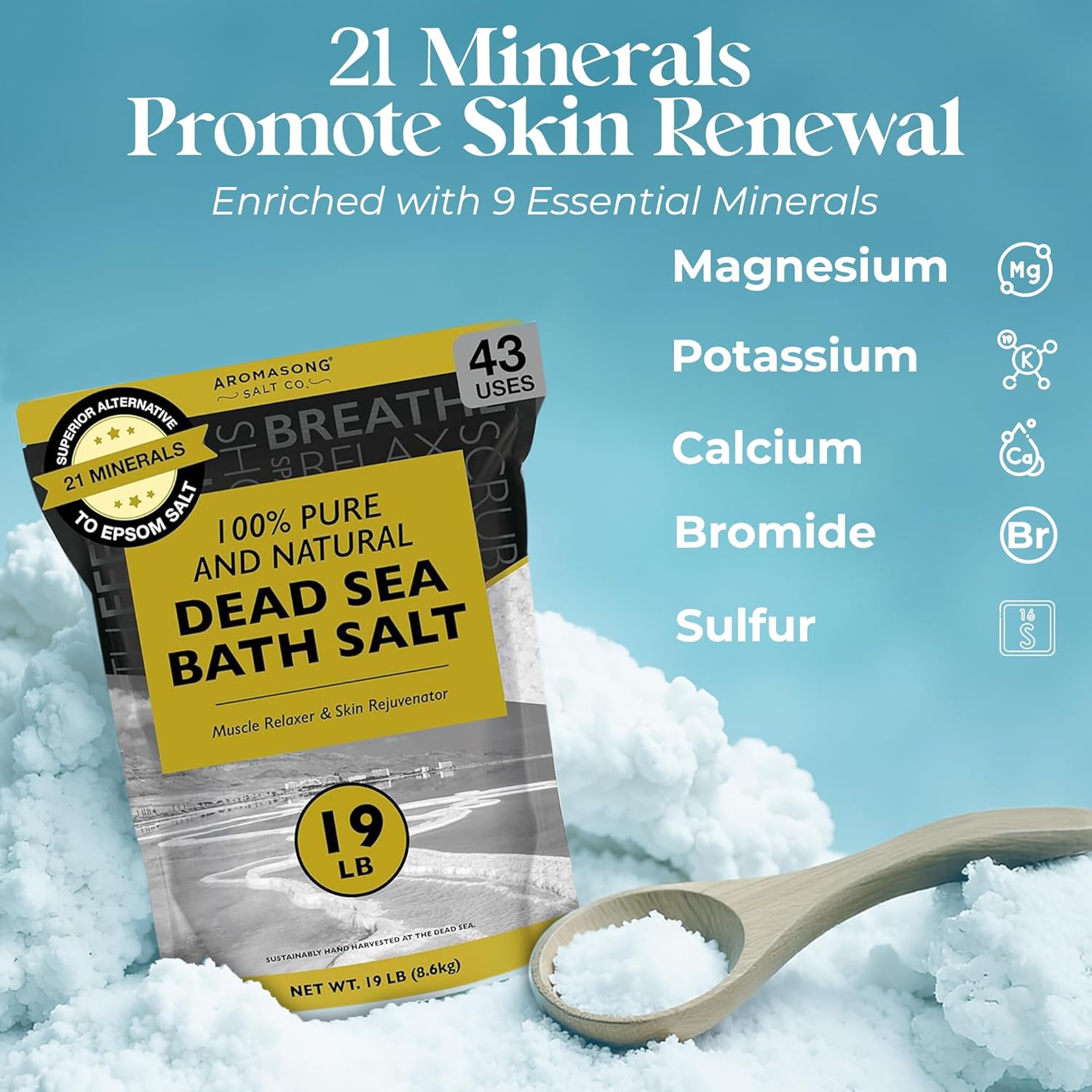 Aromasong Dead Sea Salt - Spa Bath Salt - 19 Lbs Fine Grain Bulk - 100% Pure - Better Absorbing Than Epsom Salt - Soak for Women & Men for Skin Issues and to Relax Tired Muscles - Resealable Pack.