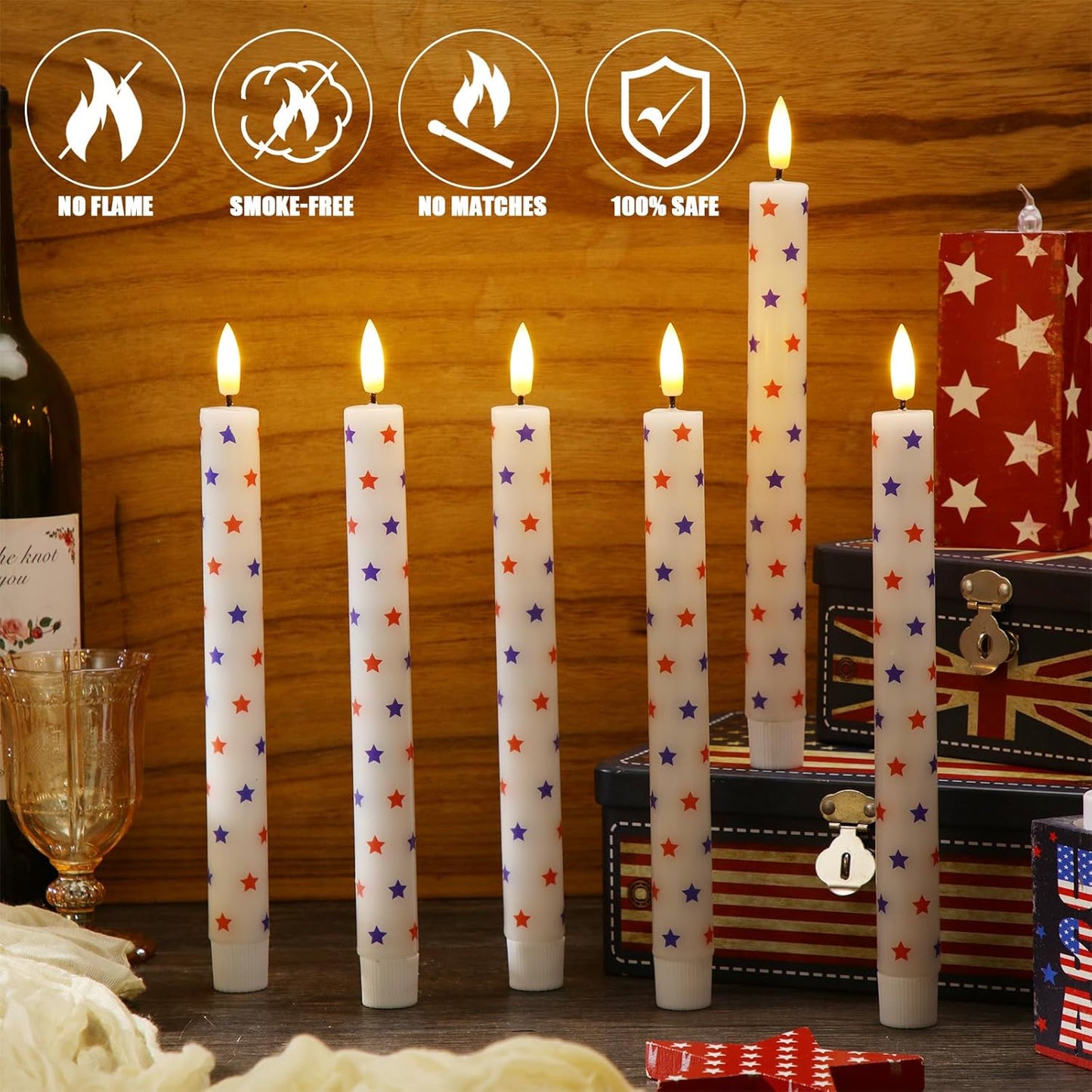 Rossesay 6 Pcs 4th of July Candles 250th Anniversary Flameless Taper Candles Patriotic White Red Blue Star Wax American Independence Day Battery Operated LED for Home Decoration(Star)