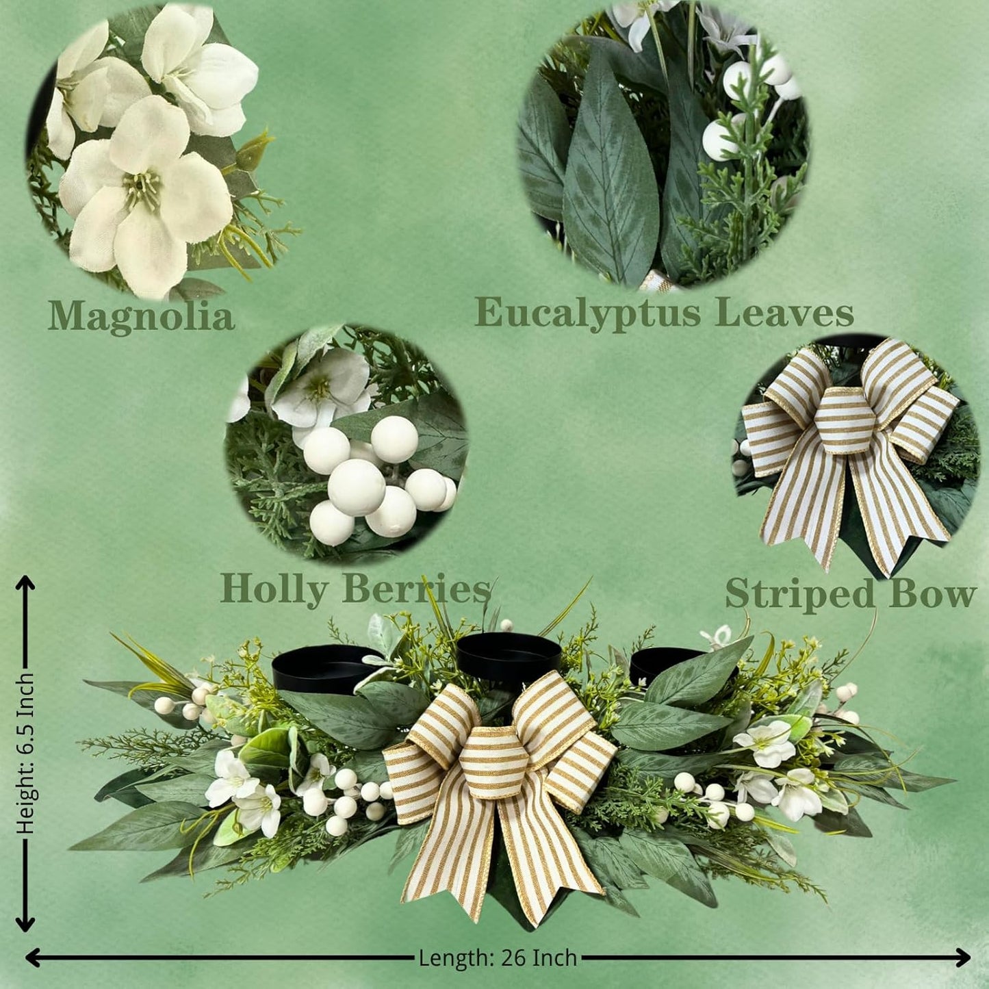 Svndlyn 26 Inch 3 Candle Holder Centerpiece with Greenery and Striped Bow | Faux Greenery, White Flowers, Berries and Eucalyptus Leaves for Table Mantel and Holiday Decor