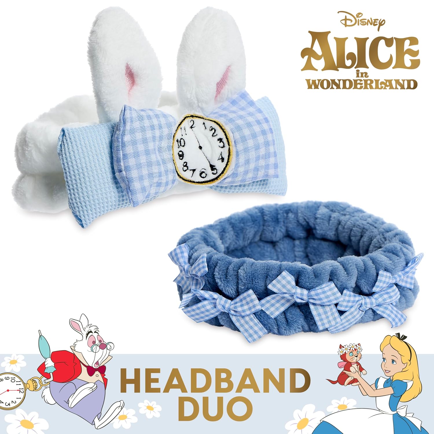 Disney Spa Headband, Soft, Plush, Adjustable, and Fun Hair Accessory for Skincare and Makeup Routines, 2 PK, Alice 2 by Belle Maison