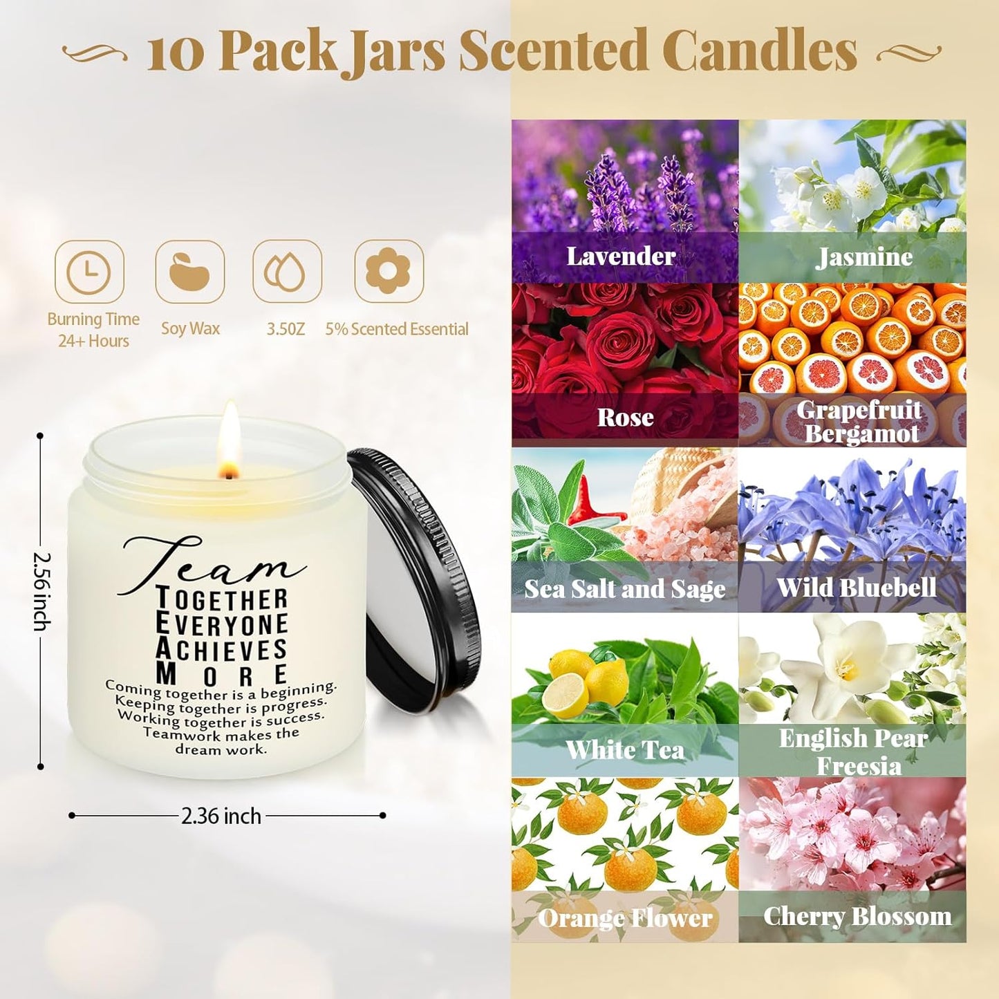 Fumete 10 Pcs Employee Appreciation Gifts Jars Scented Soy Candles 3.5 oz Inspirational Candles Team Thank You Gifts for Nurse CNA Week Gift Coworker Volunteers Teachers Group(White, Team)