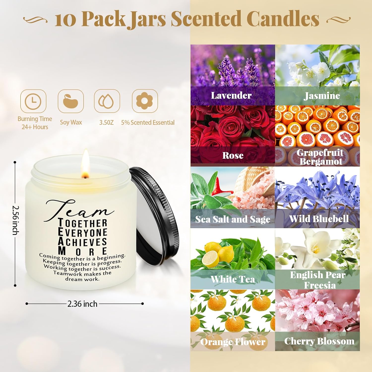 Fumete 10 Pcs Employee Appreciation Gifts Jars Scented Soy Candles 3.5 oz Inspirational Candles Team Thank You Gifts for Nurse CNA Week Gift Coworker Volunteers Teachers Group(White, Team)
