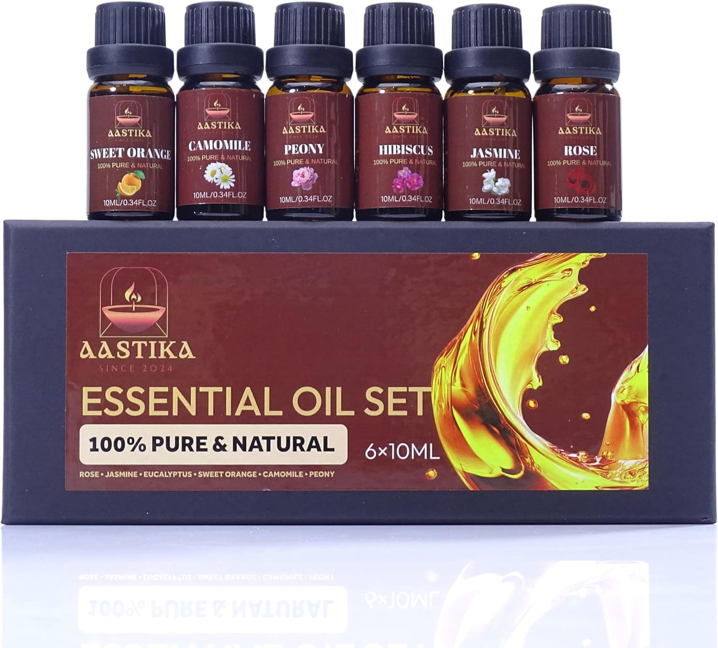Aastika Flower Essential Oil Set – 100% Pure & Natural, 6X10ml(Rose, Jasmine, Hibiscus, Sweet Orange, Camomile, Peony) Bottle