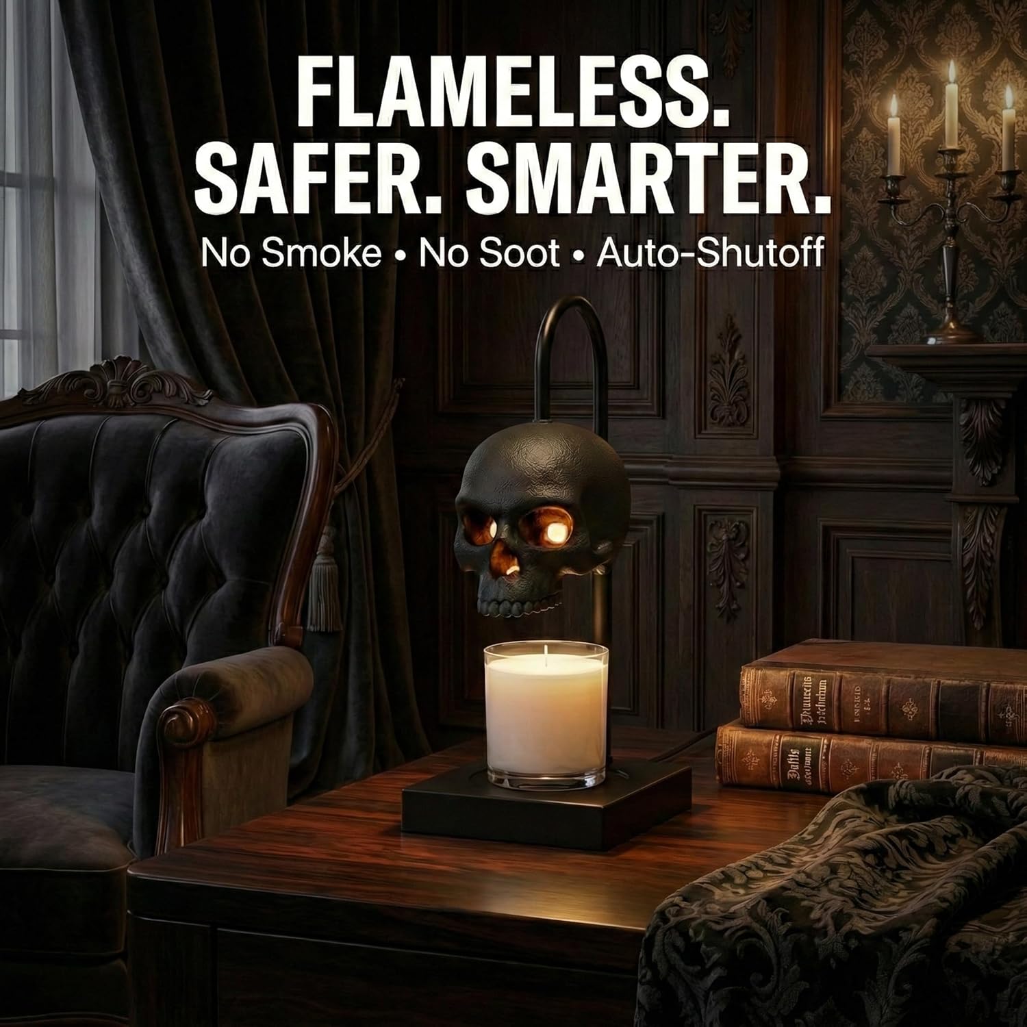 Skull Candle Warmer Lamp with Timer and Dimmer *Candles NOT Included – Black Gothic Candle Lamp Warmer w/ Adjustable Height, 2 Light Bulbs – Skull Decor, Goth Gothic Decor Spooky Home & Witchy Gifts