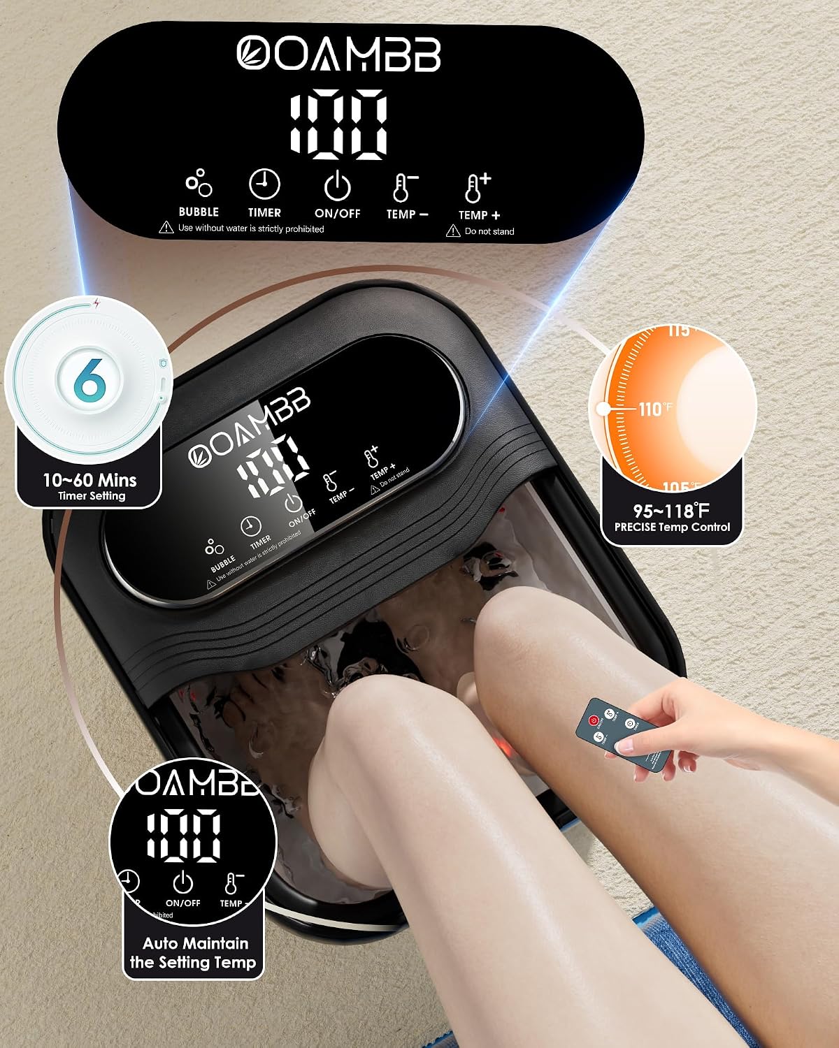 OOAMBB Collapsible Foot Spa with Heat, Bubble, Temp Control, Remote, Foot Bath Massager with XL Touch Screen and Massage Rollers, Foot Soaking Tub, Pedicure Foot spa for Stress Relief (Black+Green)