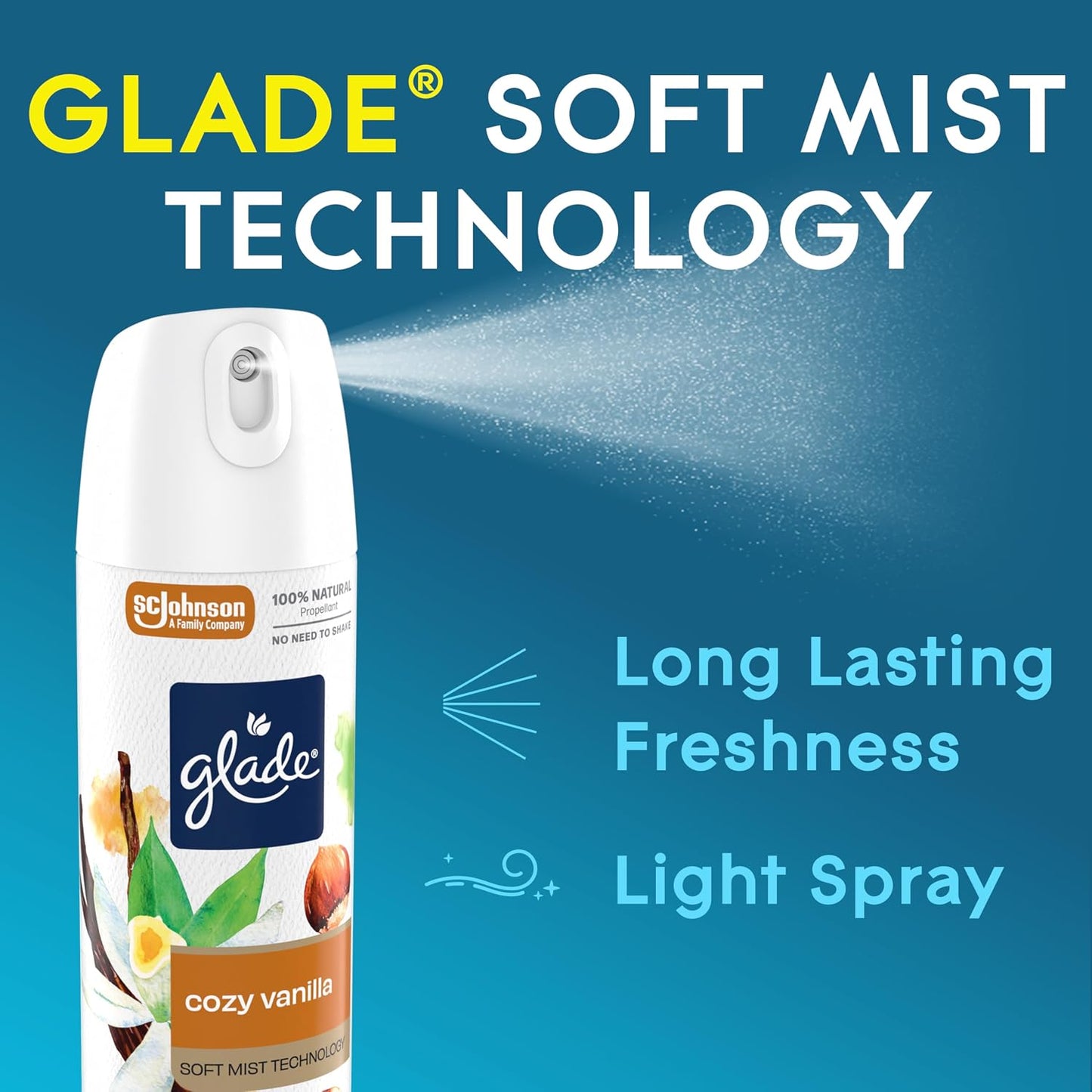 Glade Air Freshener Room Spray, Cozy Vanilla Scent, Odor Fighting to Deliver Long Lasting Freshness, 7.3 Oz, 6 Count