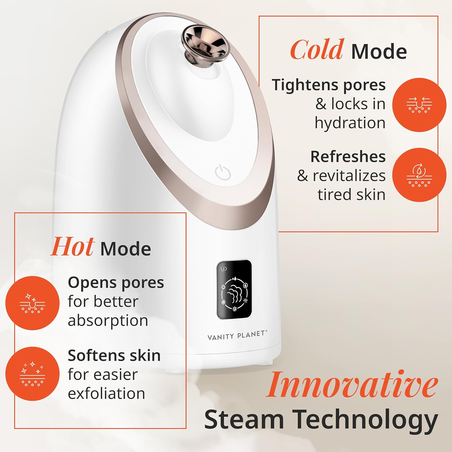 Vanity Planet Senia Hot and Cold Facial Steamer - Face Steamer for Facial Deep Cleaning, Aromatherapy, Detoxifying and Moisturizing - Steamer for Face with 6-Mode Smart Steam Technology
