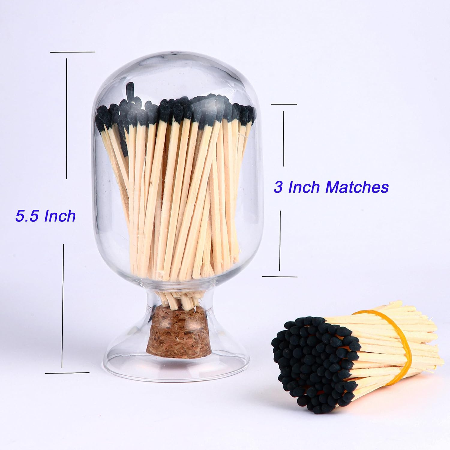 3'' Black Matches Included, Glass Match Holder with Striker, Glass Match Cloche with Striker, Matches in a Jar with Striker, Safety Matches Jar, Long Fireplace Matches for Fireplace BBQ Grill