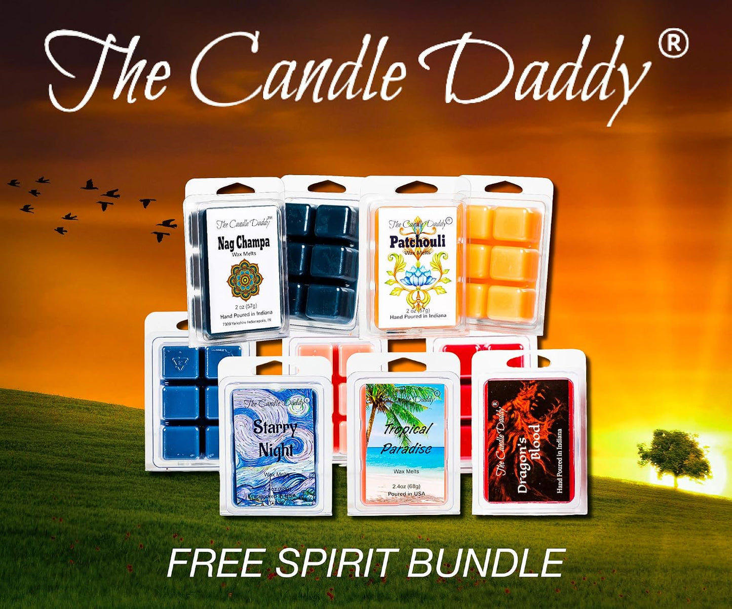 "Free Spirit Bundle" Combo Set Of Five Scented Wax Melt Cubes - Nag Champa, Patchouli, Starry Night, Tropical Paradise, Dragon's Blood Great Gift for Him Her Hippie Soul BFF Best Friend