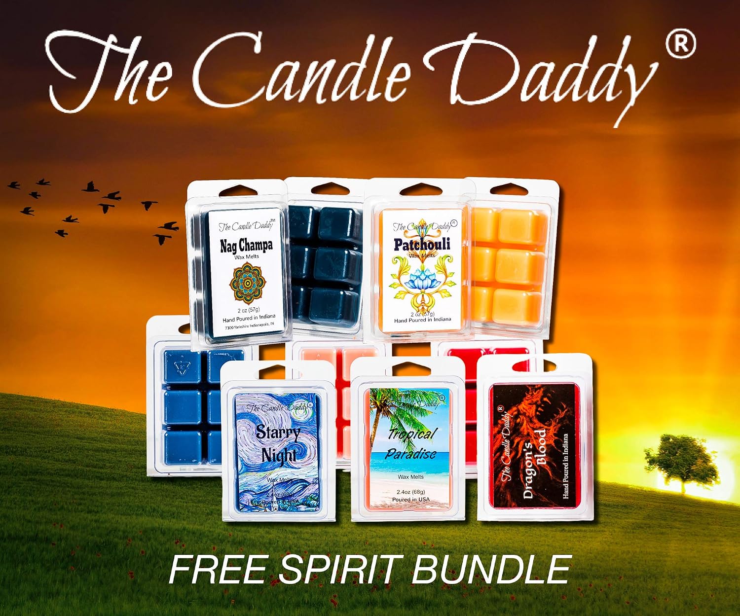 "Free Spirit Bundle" Combo Set Of Five Scented Wax Melt Cubes - Nag Champa, Patchouli, Starry Night, Tropical Paradise, Dragon's Blood Great Gift for Him Her Hippie Soul BFF Best Friend