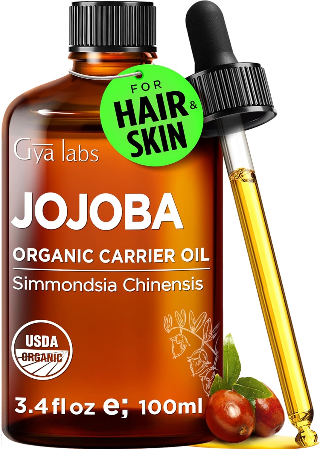 Gya Labs USDA Organic Jojoba Oil - 3.4 Fl Oz - Carrier Oil for Hair, Skin, Face, Scalp & Body Massage