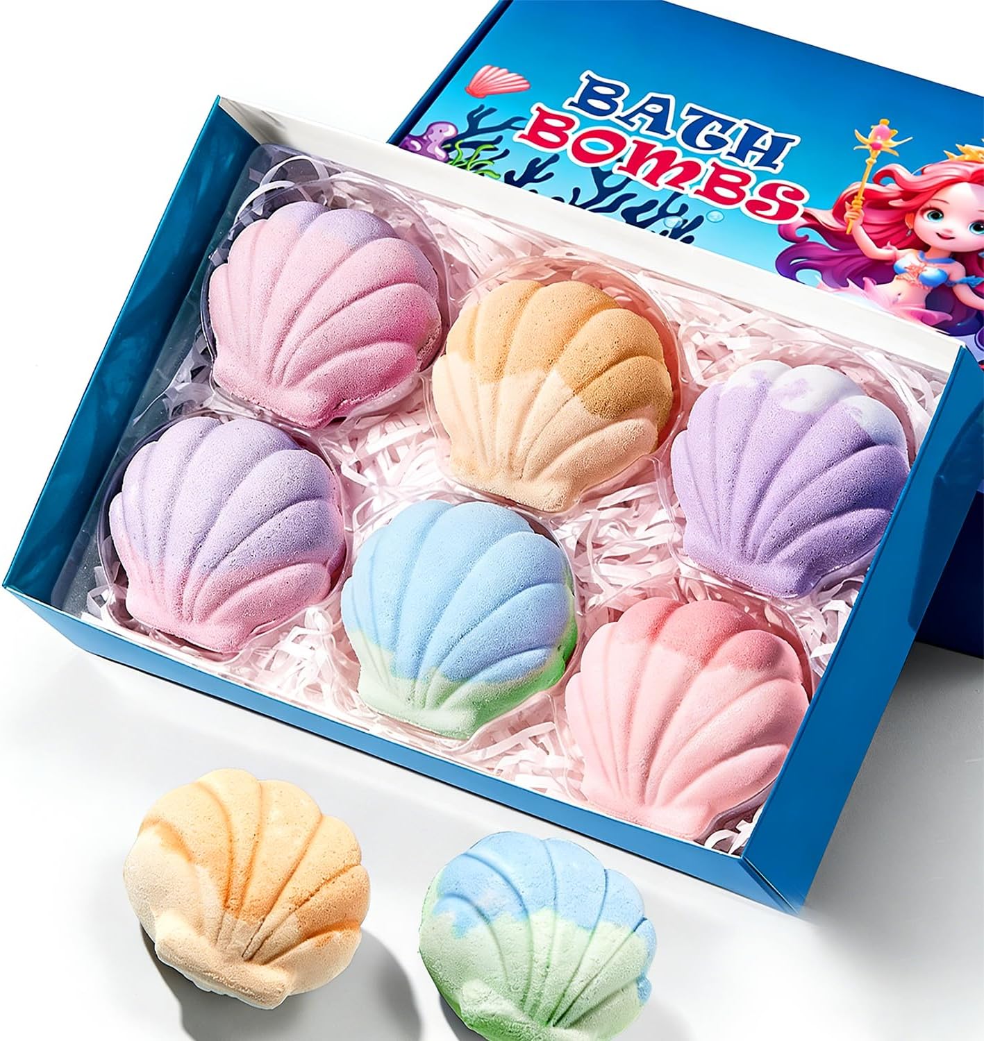 Shell Bath Bomb Gift Set for Women - 6 Extra Large Sea Salt Bath Bombs, Spa Self Care Box with Lavender, Rose & Aromatherapy Scents, Moisturizing Bath Soak for Relaxation and Skin Hydration