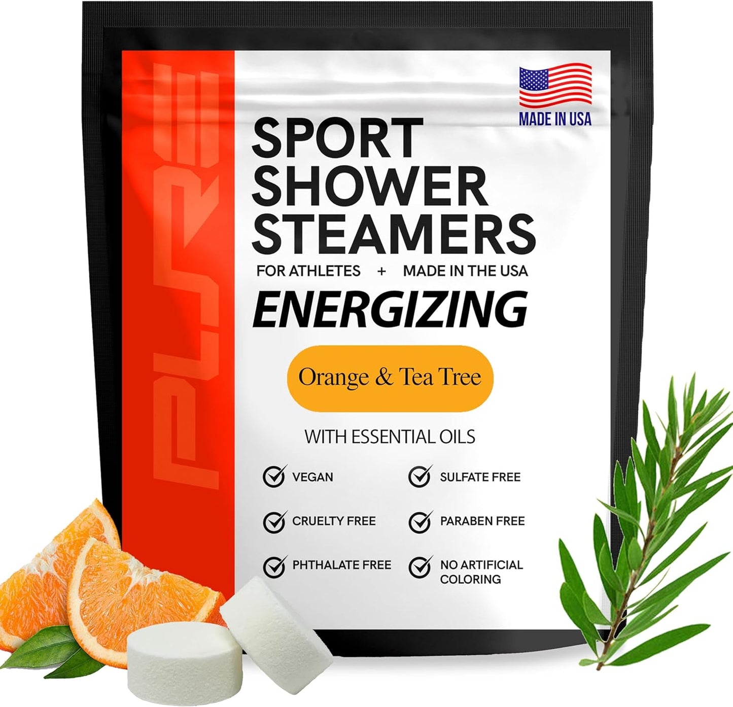 Pure Energizing Sport Shower Steamers - Natural Orange and Tea Tree Essential Oils, Made in USA, Muscle Recovery for Athletes, Gifts for Runners, Energizing Birthday Gifts for Men