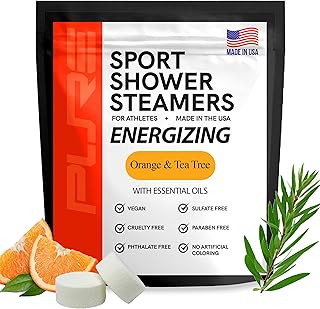 Pure Energizing Sport Shower Steamers - Natural Orange and Tea Tree Essential Oils, Made in USA, Muscle Recovery for Athletes, Gifts for Runners, Energizing Birthday Gifts for Men