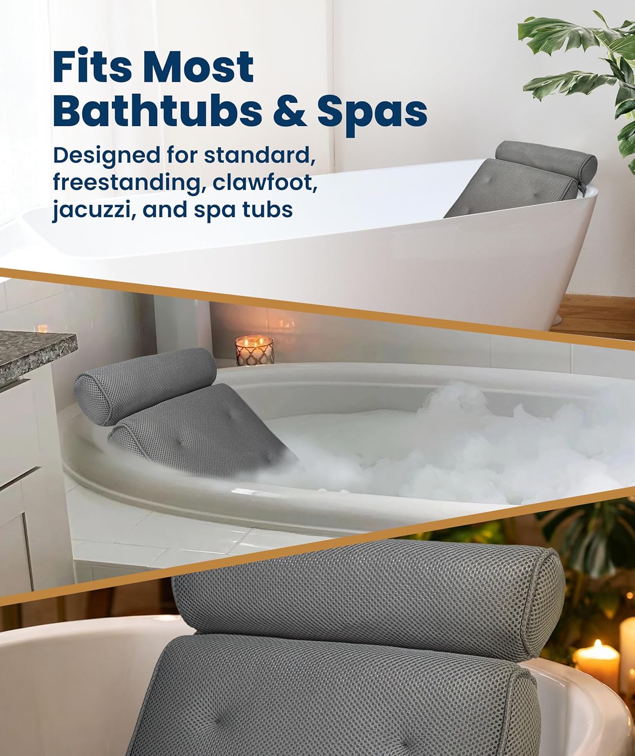 Everlasting Comfort Luxury Bath Pillows for Tub with Head and Neck Support - Non-Slip Bathtub Pillow with Suction Cups, Quick-Drying Mesh & Drying Hook - Jacuzzi & Spa Accessories for Women - Gray