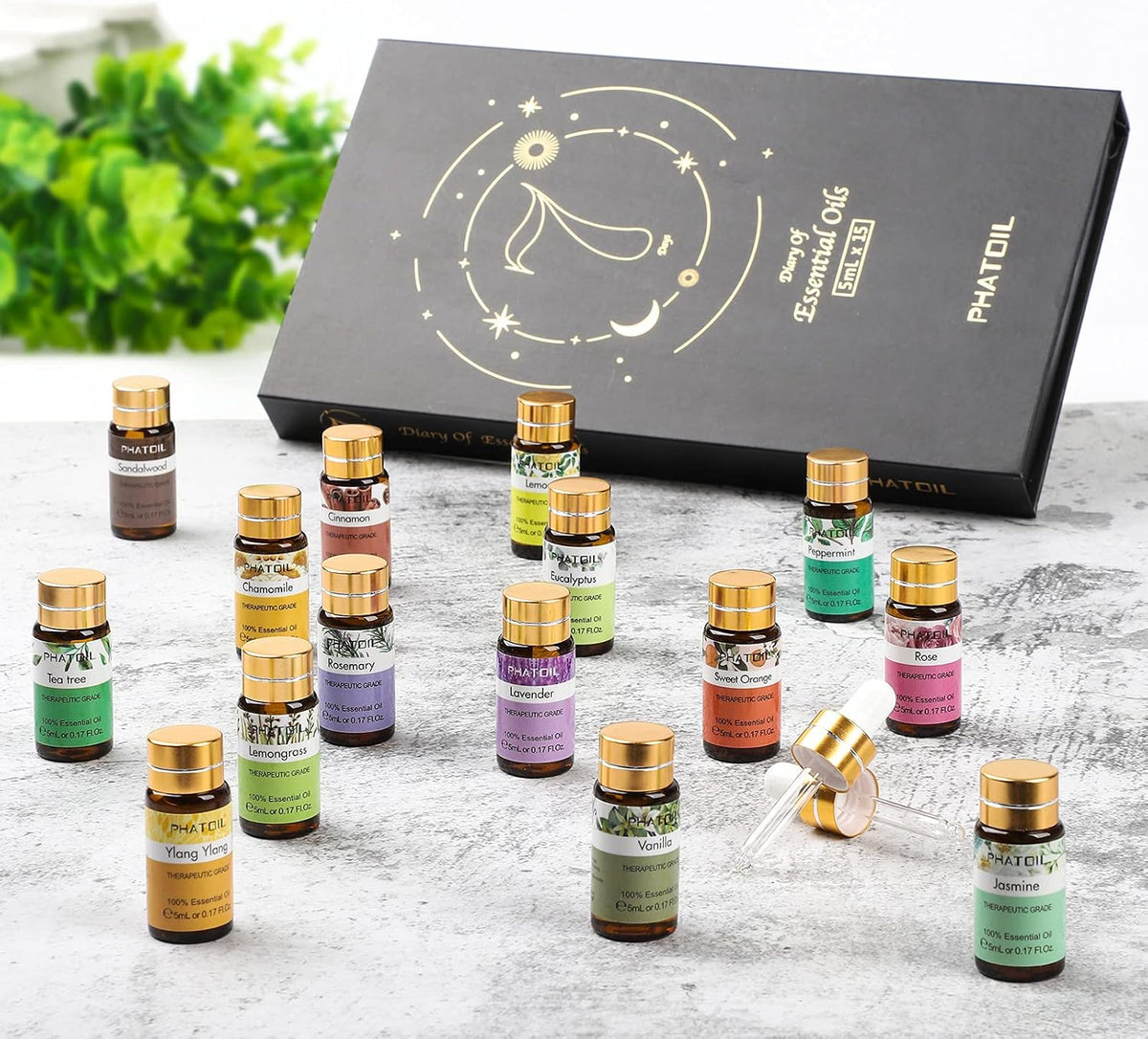 PHATOIL Essential Oil Gift Set for Diffuser, Skin Care, Massage, 15 x 5ml