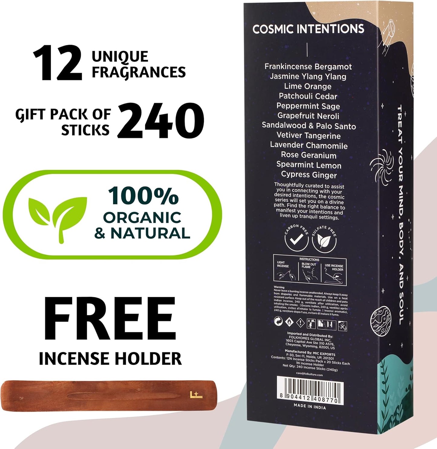 Folkulture Incense Sticks (240 Sticks) | Set of 12 Incense Sticks Variety Pack Aromatherapy Gifts | No Charcoal, Organic, Non Toxic, 45 Mins, Long Burning Jasmine, Patchouli, Palo Santo Insence-Sticks