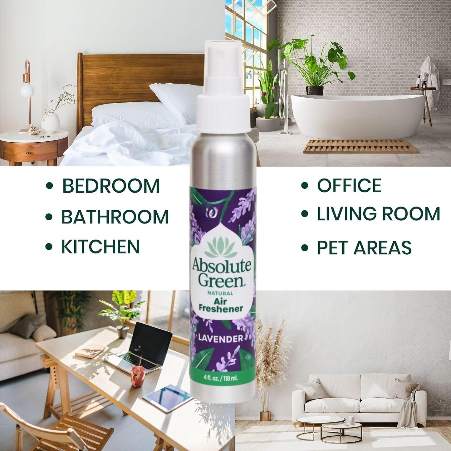 Absolute Green Air Freshener Room Spray, Non-Toxic, Cover Odors, Safe around Kids and Pets, Natural Lavender Scent 4oz (1 Pack)